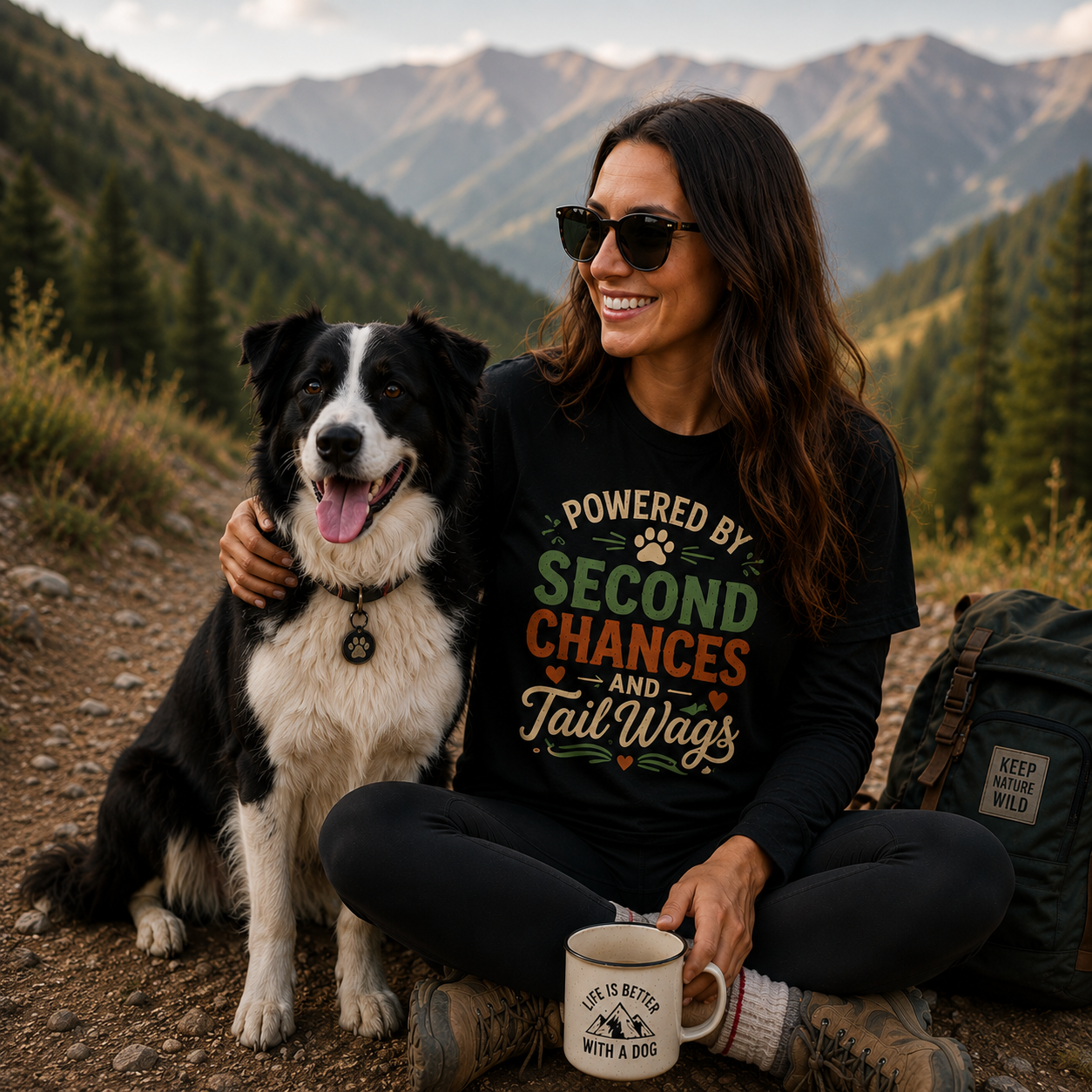 A woman sitting outdoors in a mountain setting with her dog, wearing a black graphic long-sleeve shirt that reads 'POWERED BY SECOND CHANCES AND TAIL WAGS'. She is holding a white mug, with a green backpack beside her.