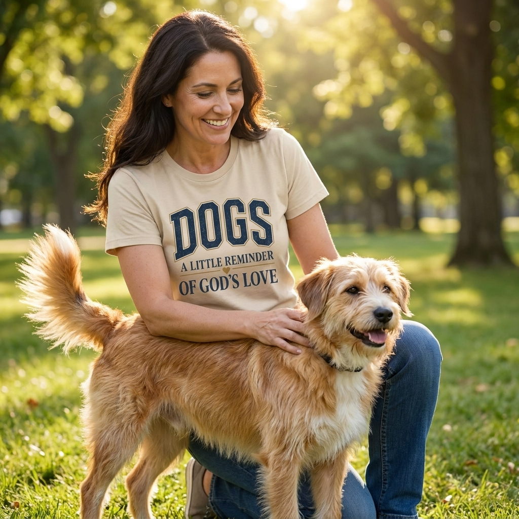 A woman kneels on a grassy park lawn, smiling and petting a golden dog. She is wearing a beige graphic t-shirt with navy blue text that reads 'DOGS A LITTLE REMINDER OF GOD'S LOVE'.