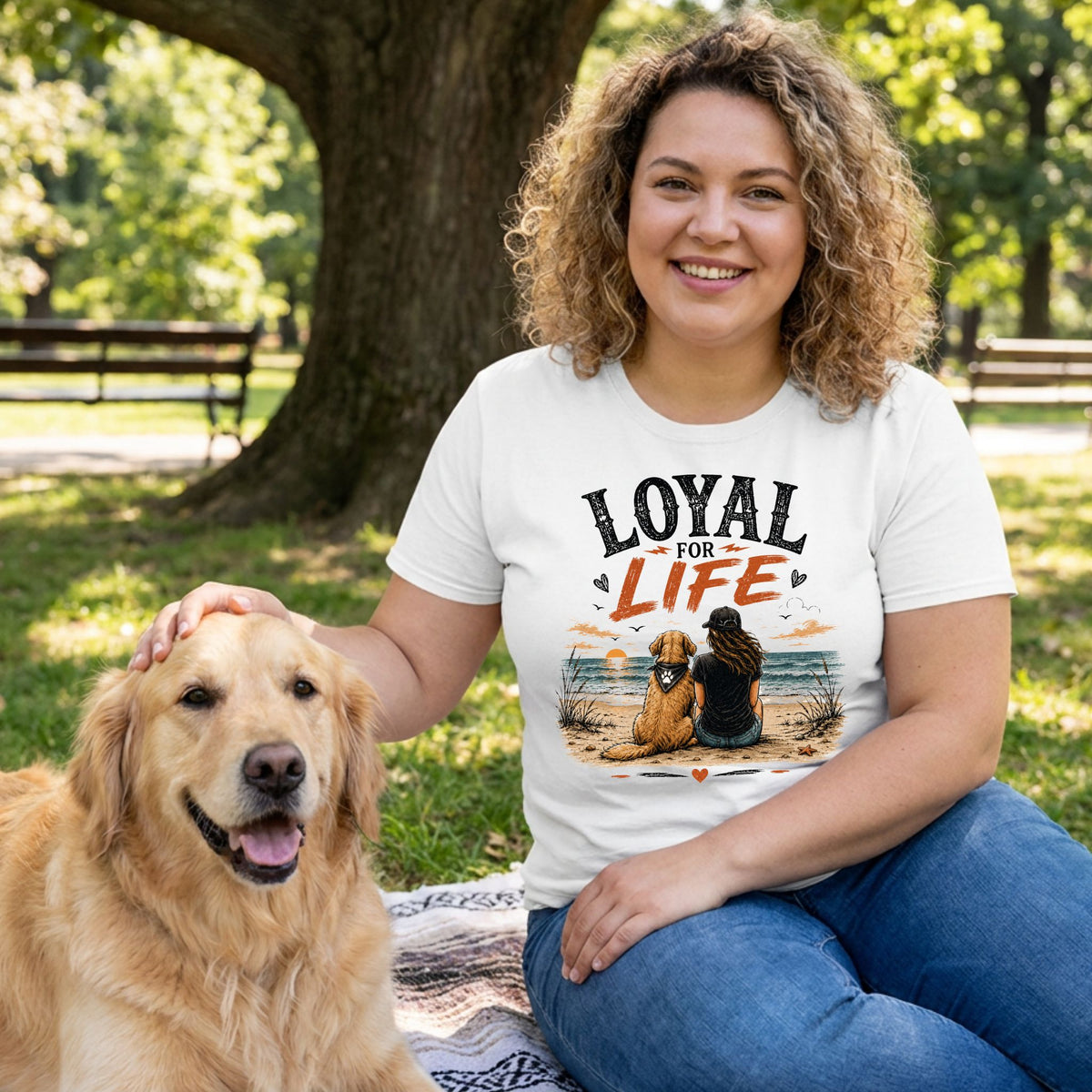 Woman wearing a white crew neck t-shirt with a Loyal For Life beach graphic, sitting on a blanket with a golden retriever.