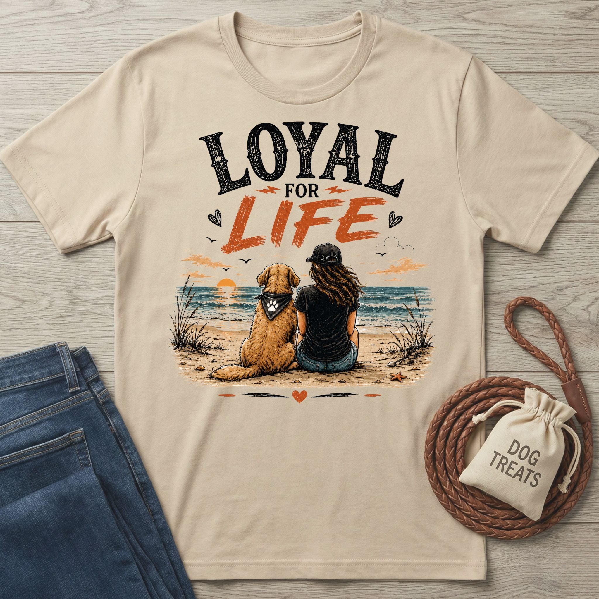 Beige crewneck t-shirt featuring a graphic of a woman and dog sitting on a beach at sunset with Loyal For Life text.