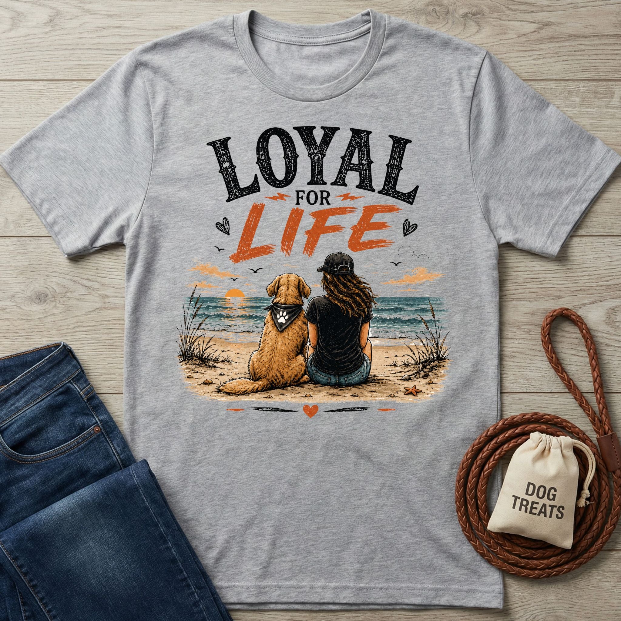 Grey crewneck t-shirt featuring a woman and her dog sitting on a beach at sunset with the text Loyal For Life.