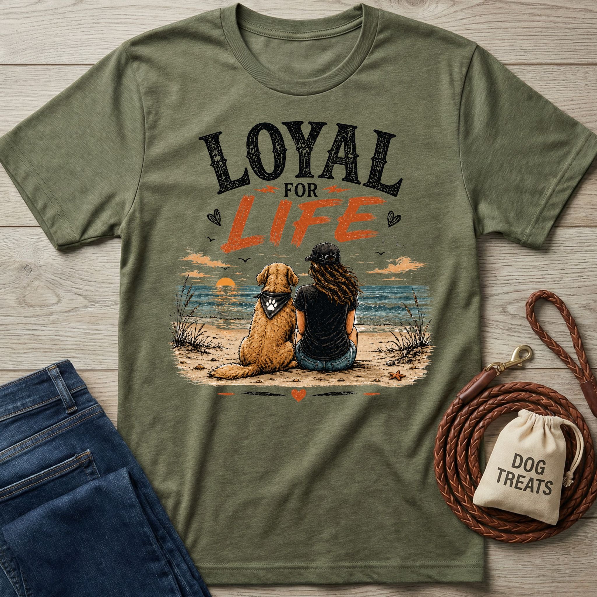 Olive green crewneck t-shirt featuring a graphic of a woman and dog sitting on a beach at sunset with Loyal For Life text.