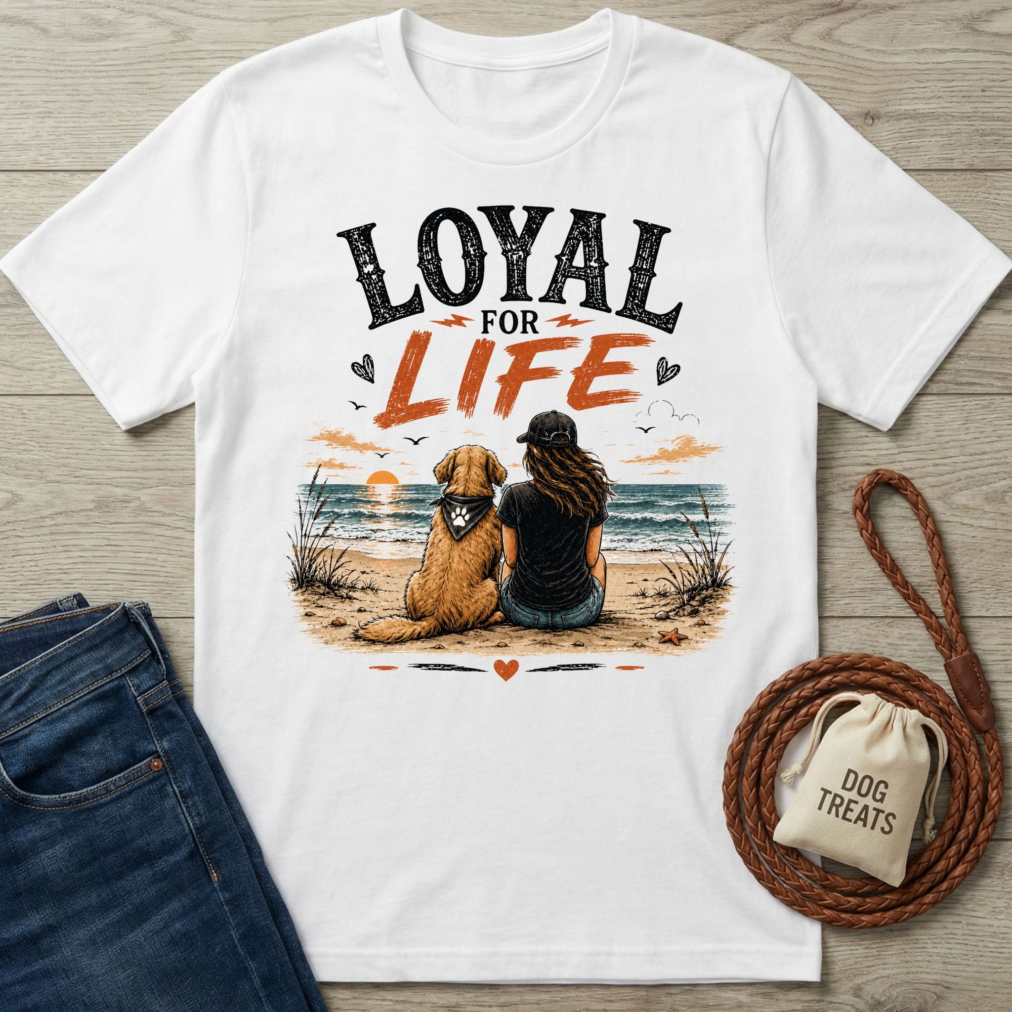 White crew neck t-shirt featuring a graphic of a woman and dog sitting on a beach at sunset with the text Loyal For Life.