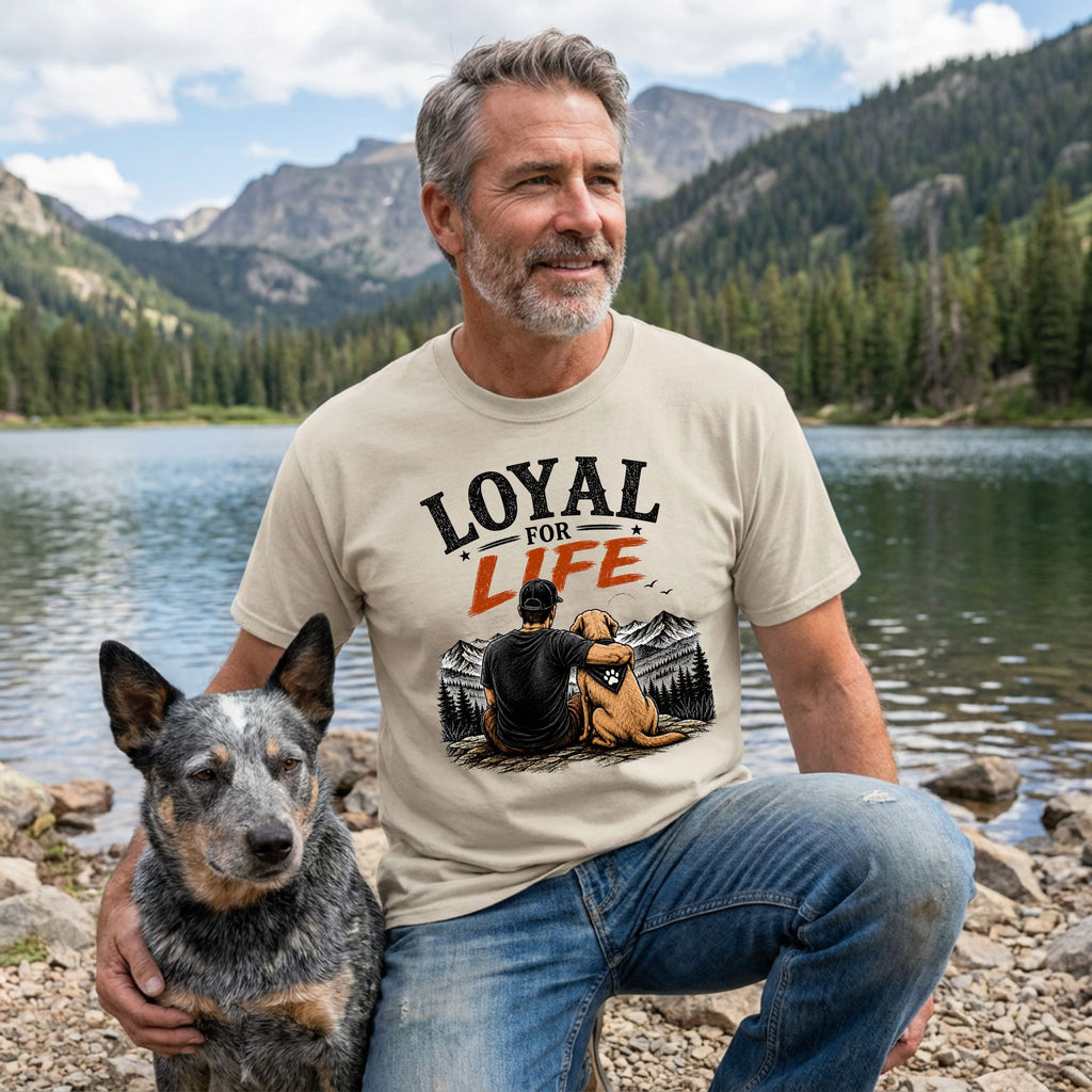 Man wearing a beige crewneck t-shirt with a Loyal For Life graphic of a man and dog overlooking mountains by a lake.