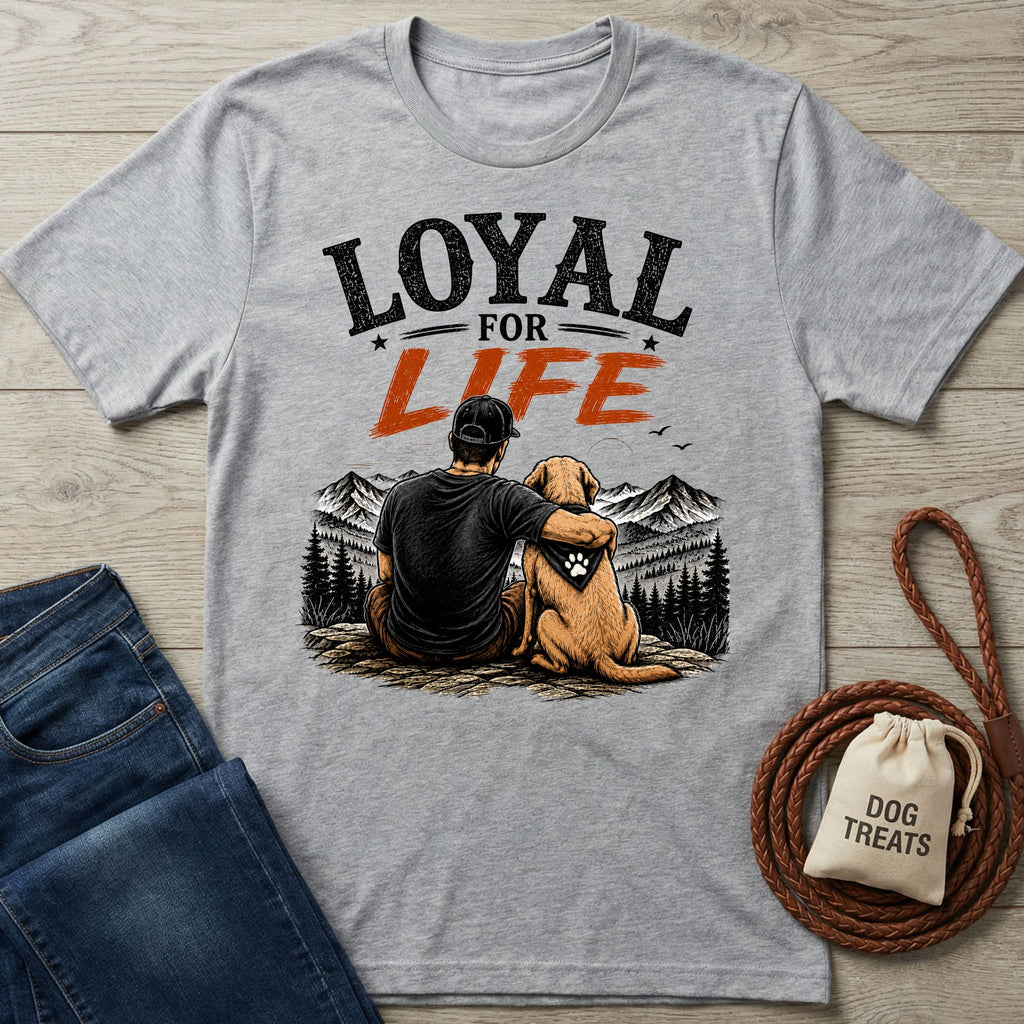 Grey crewneck t-shirt featuring a graphic of a man and his dog overlooking mountains with the text Loyal For Life.