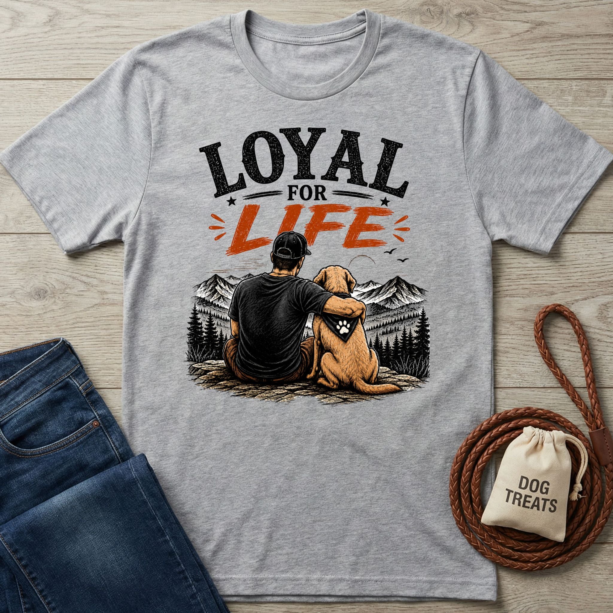 Grey crewneck t-shirt featuring a graphic of a man and his dog overlooking mountains with the text Loyal For Life.