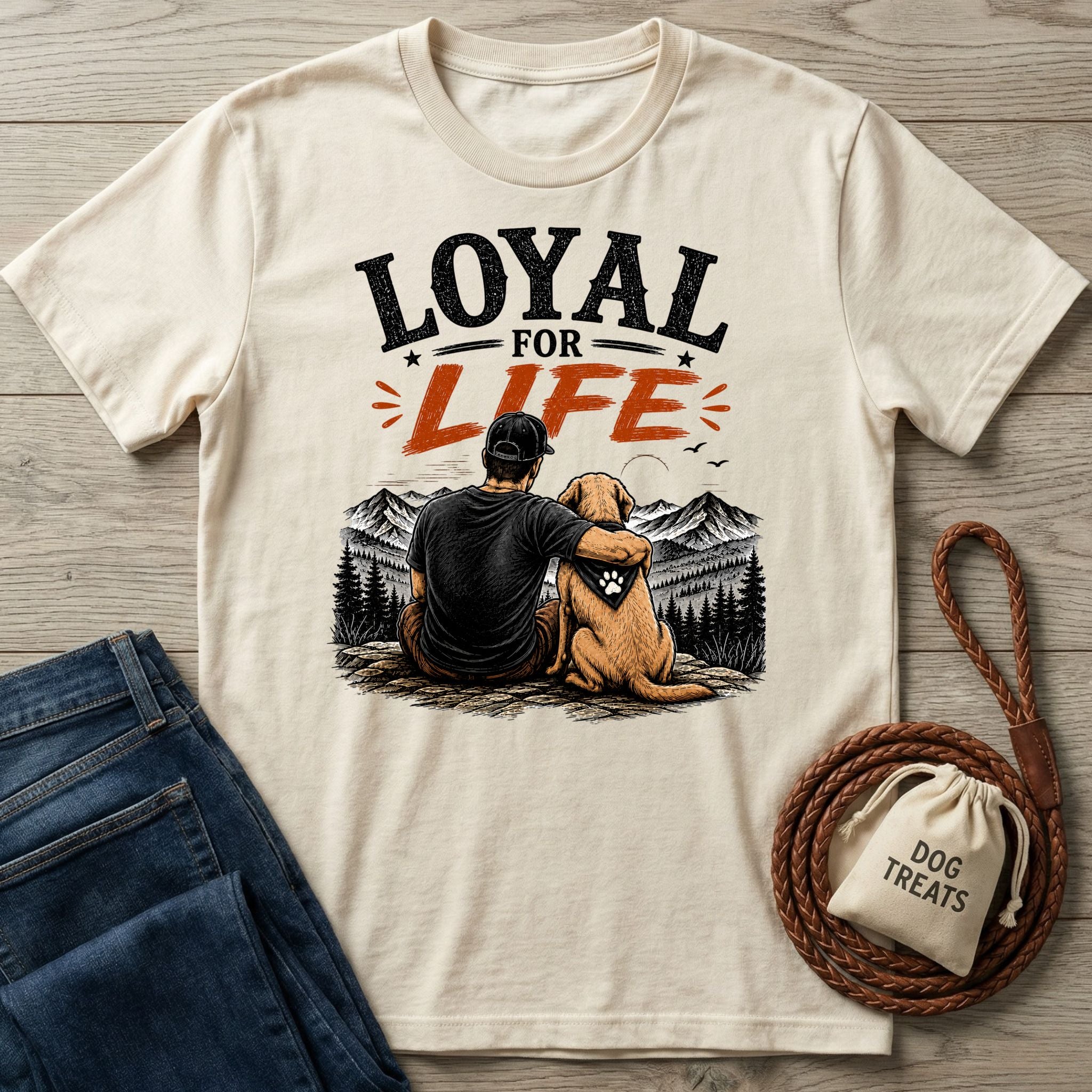 Cream-colored cotton t-shirt featuring a graphic of a man and his dog overlooking mountains with the text Loyal For Life.