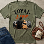 Olive green crewneck t-shirt featuring a man and his dog overlooking mountains with the text Loyal For Life.