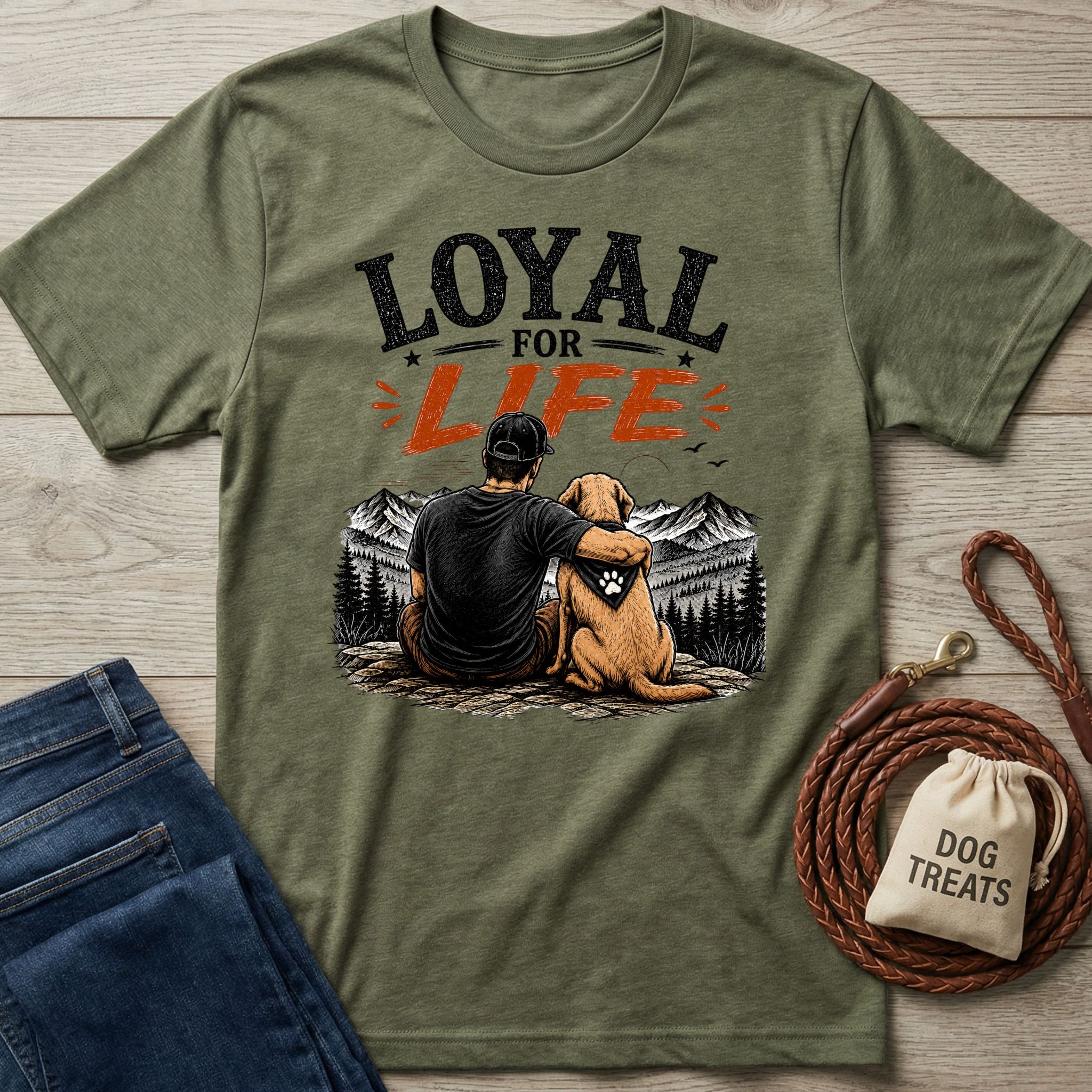 Olive green crewneck t-shirt featuring a man and his dog overlooking mountains with the text Loyal For Life.