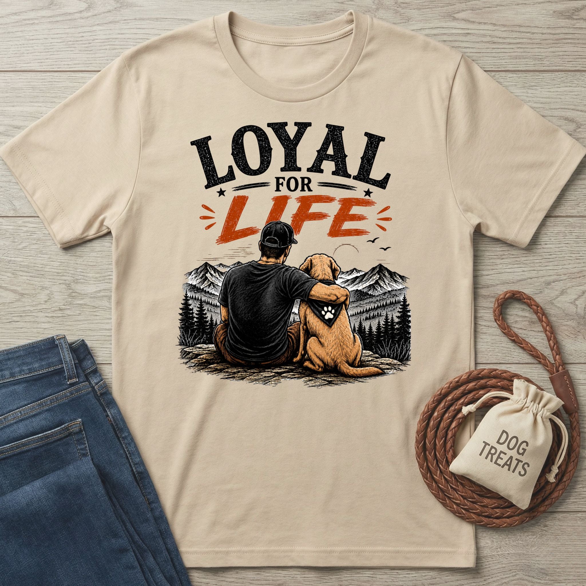 Beige crewneck t-shirt featuring a graphic of a man and his dog overlooking mountains with the text Loyal For Life.