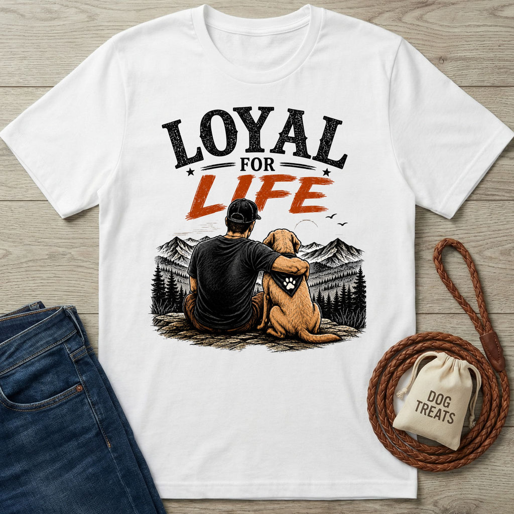 White crew neck t-shirt featuring a graphic of a man and his dog overlooking mountains with the text Loyal For Life.