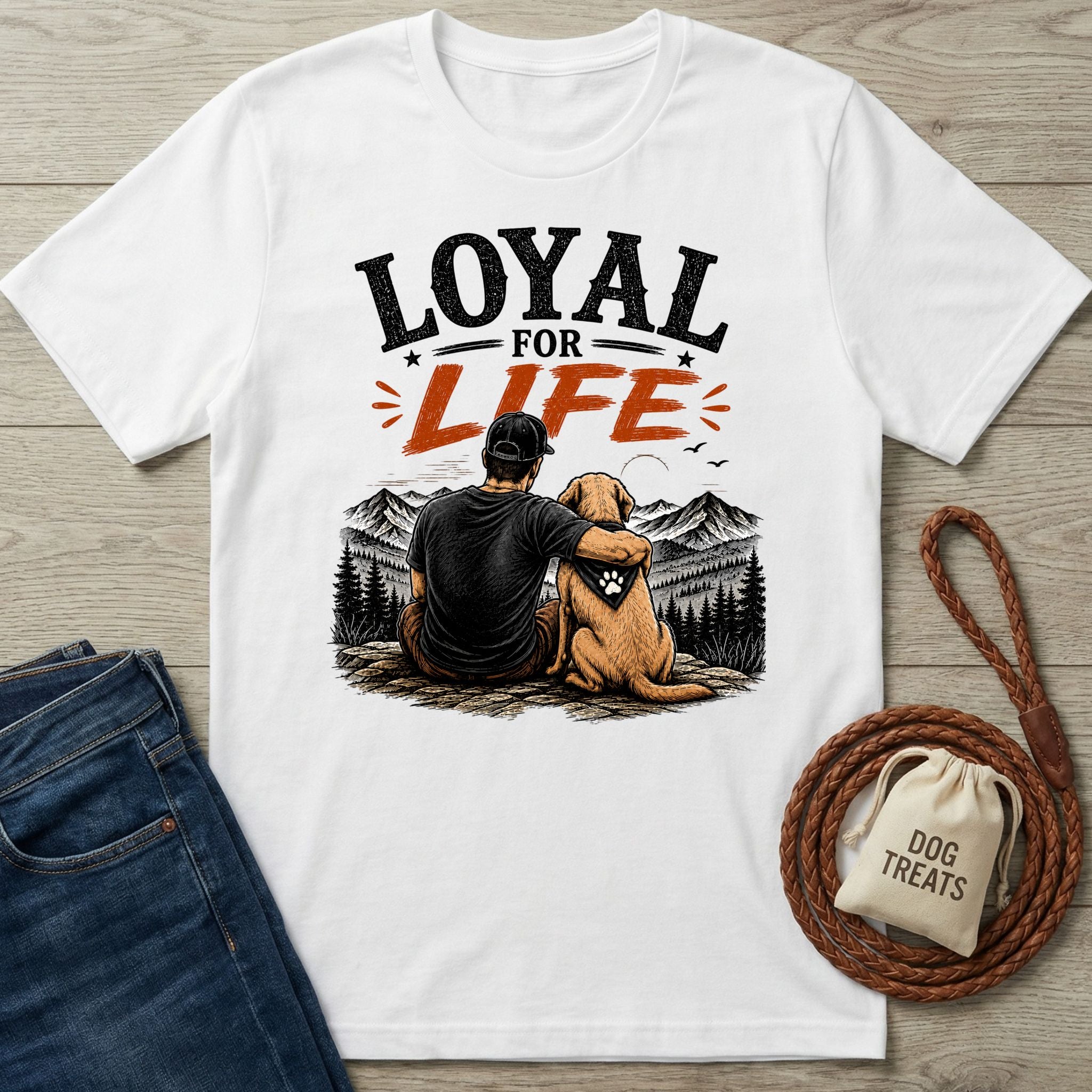 White crew neck t-shirt featuring a graphic of a man and his dog overlooking mountains with the text Loyal For Life.