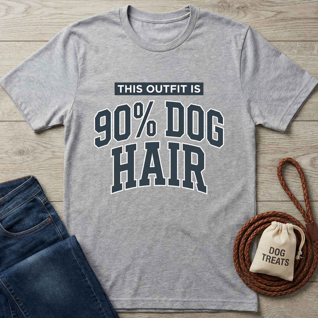 Gray cotton t-shirt with "THIS OUTFIT IS 90% DOG HAIR" in varsity-style text, next to jeans and dog treats.