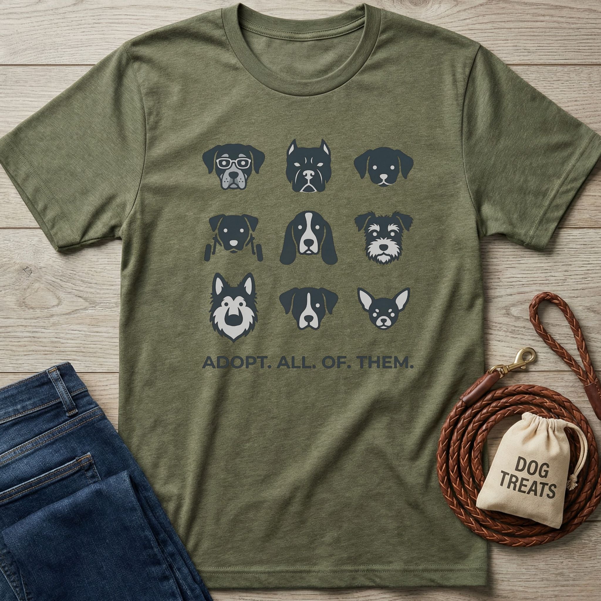 Olive green Gildan Softstyle t-shirt with nine dog breed illustrations and "ADOPT. ALL. OF. THEM." text.