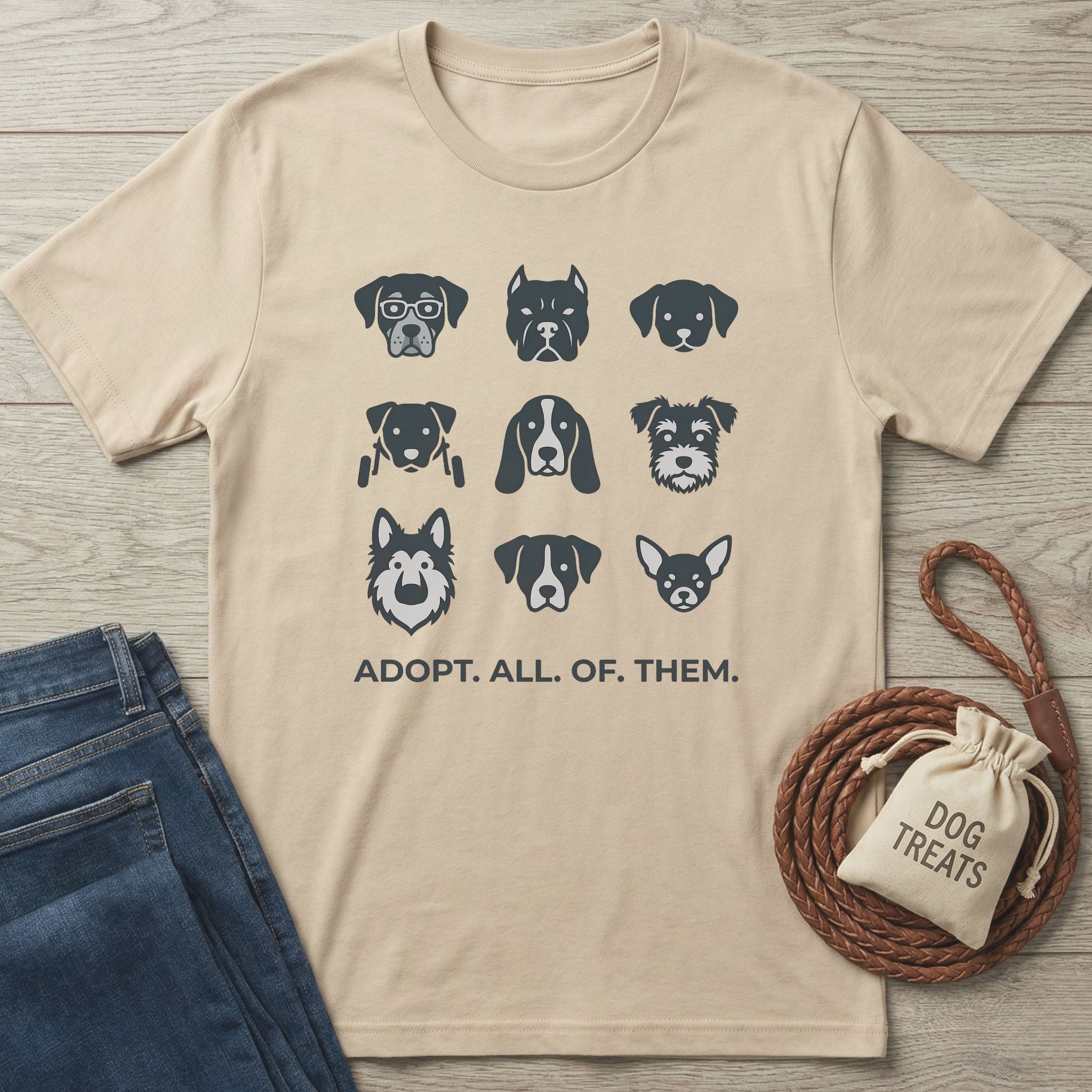 Tan Gildan Softstyle t-shirt with "Adopt. All. Of. Them." and nine dog breed illustrations.