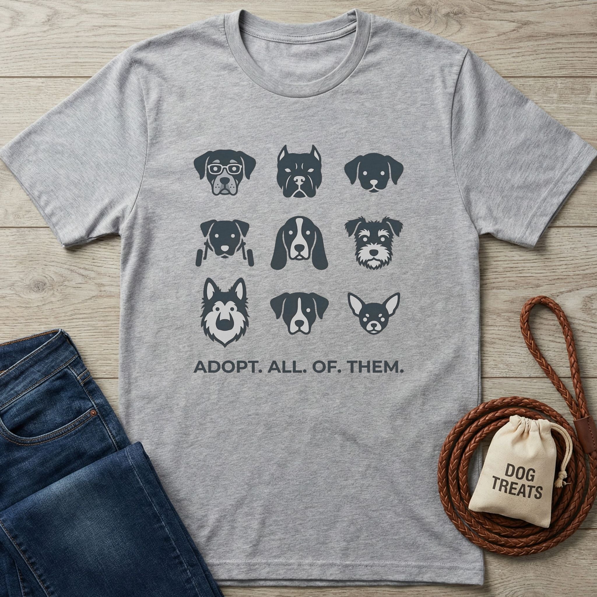 Light grey Gildan Softstyle® t-shirt with nine dark grey dog breed icons and "ADOPT. ALL. OF. THEM." text.