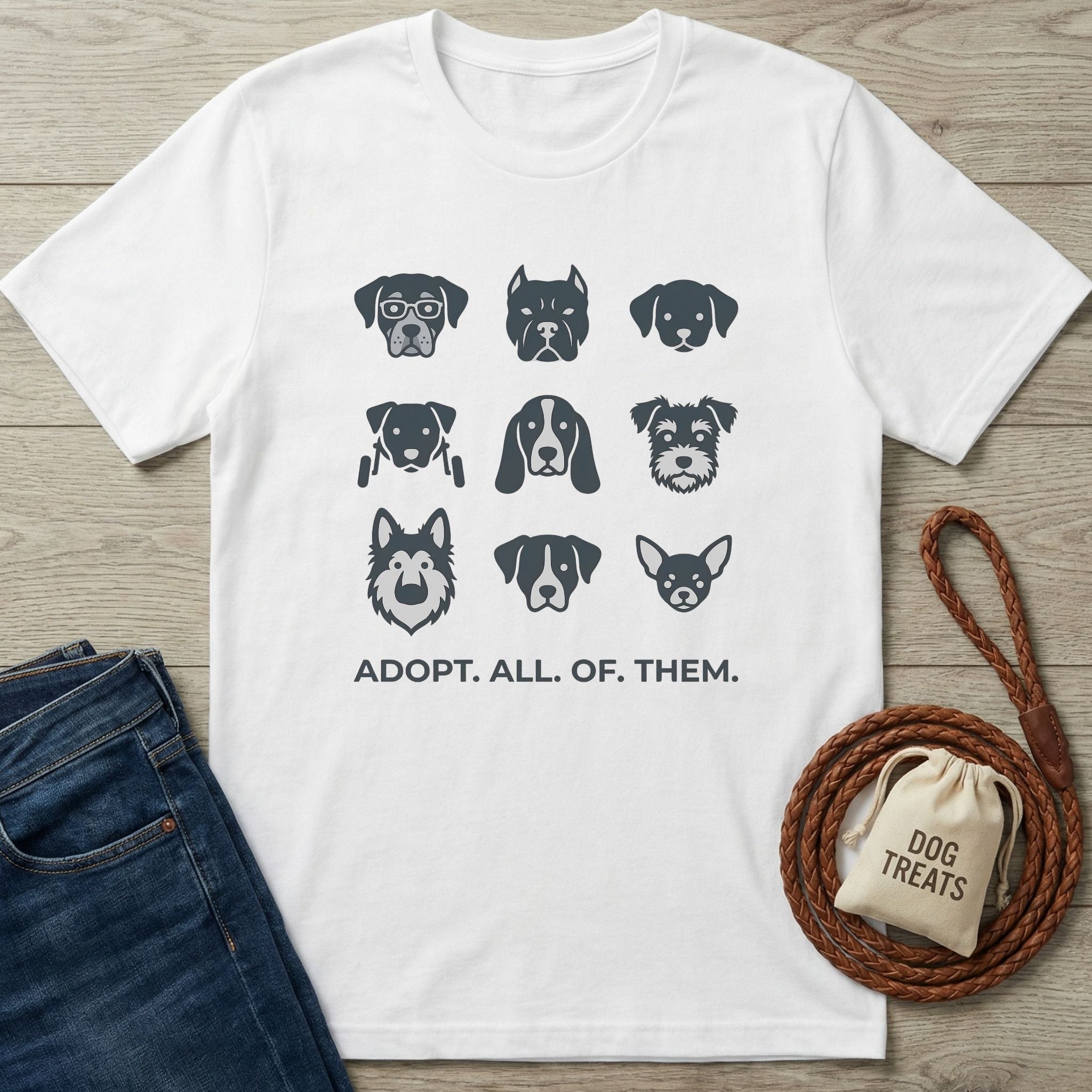 White Gildan Softstyle® t-shirt with nine dog breed illustrations and "ADOPT. ALL. OF. THEM." text.