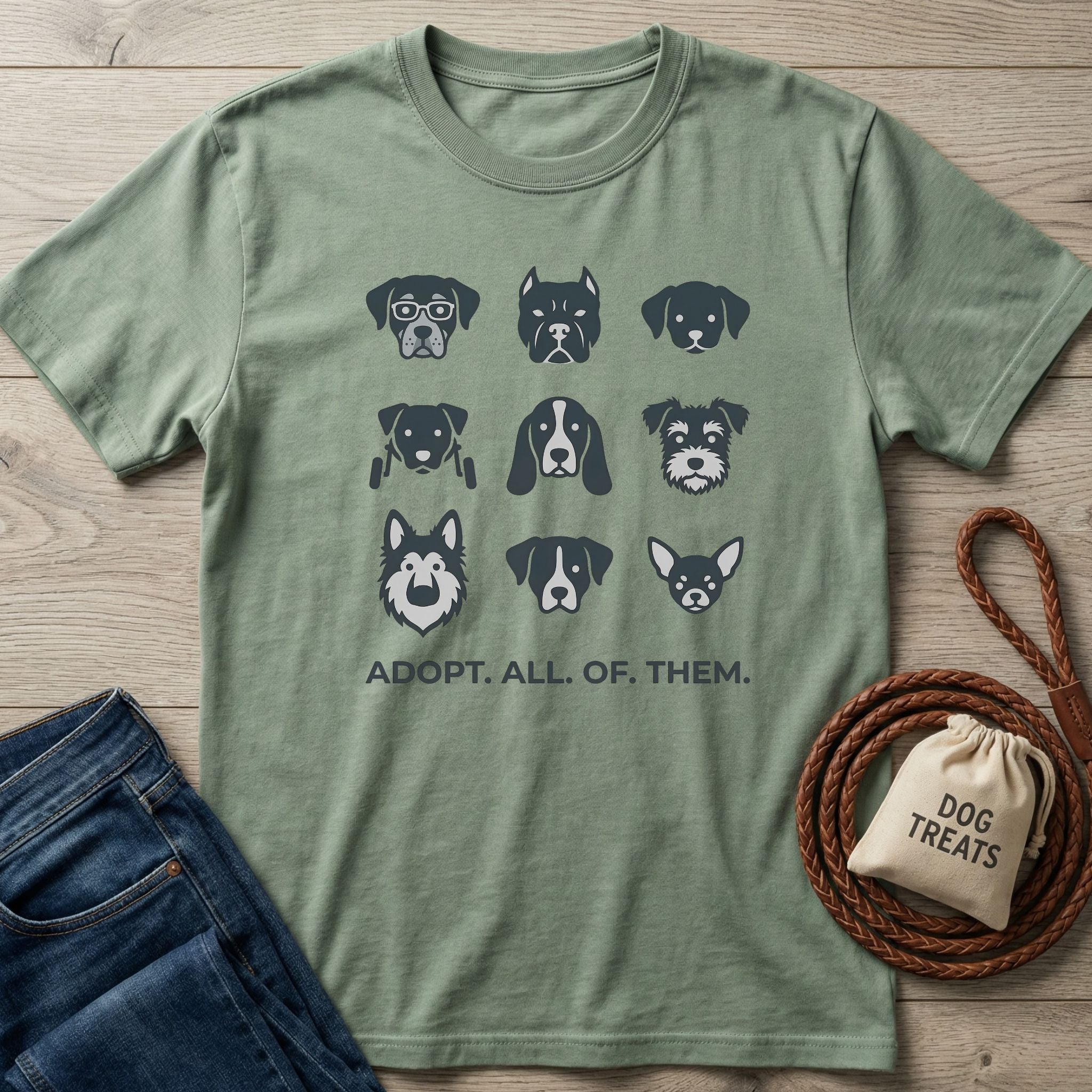 Sage green Gildan Softstyle t-shirt with "ADOPT. ALL. OF. THEM." and nine dog breed illustrations.