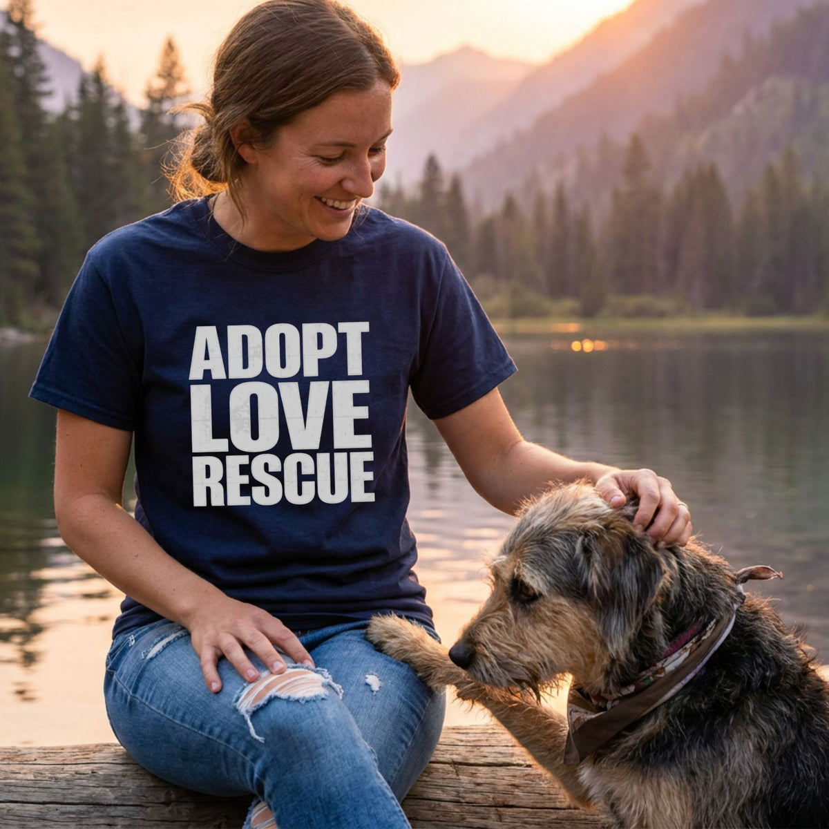Woman in a navy "Adopt Love Rescue" tee, distressed jeans, petting a dog by a lake at sunset.