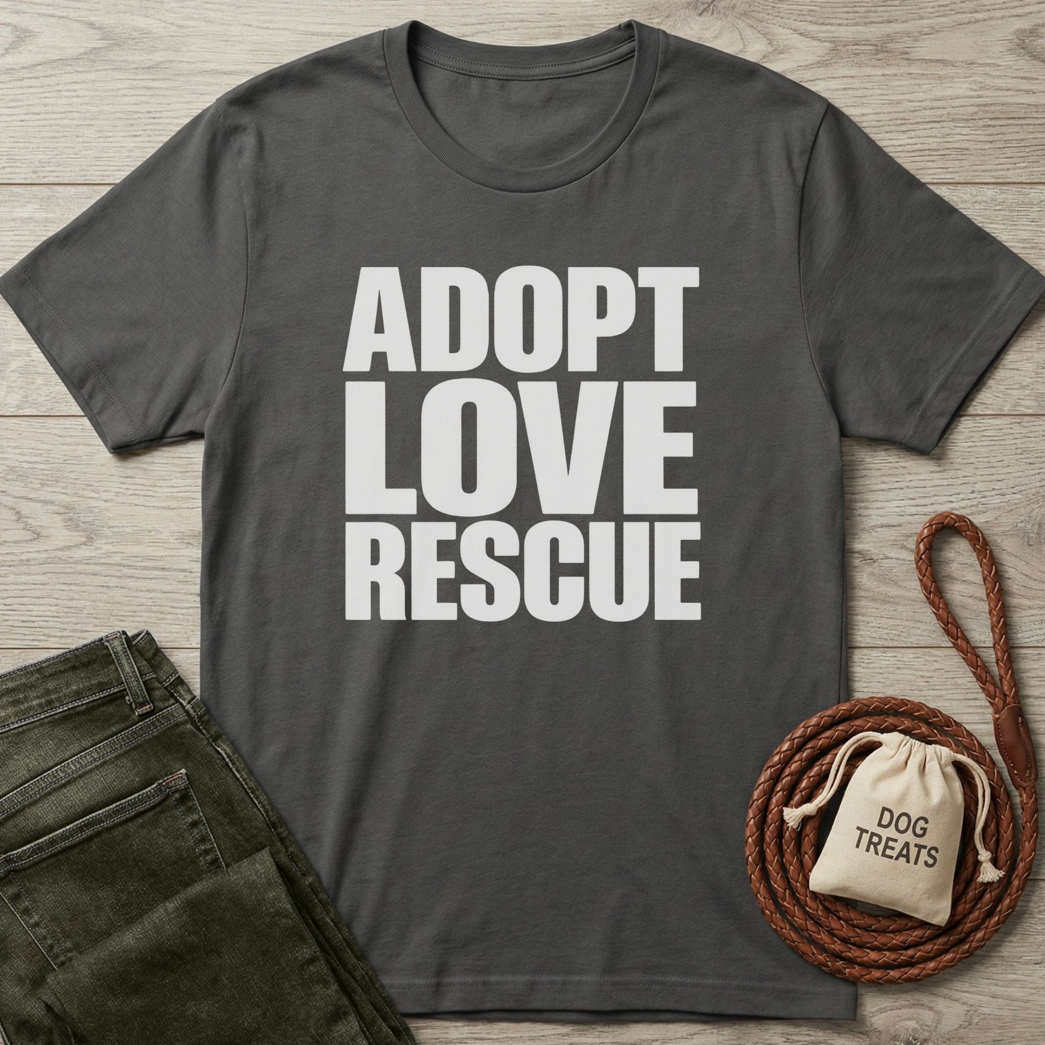 Dark grey Gildan Softstyle® 64000 t-shirt with "ADOPT LOVE RESCUE" in white, next to jeans and dog treats.