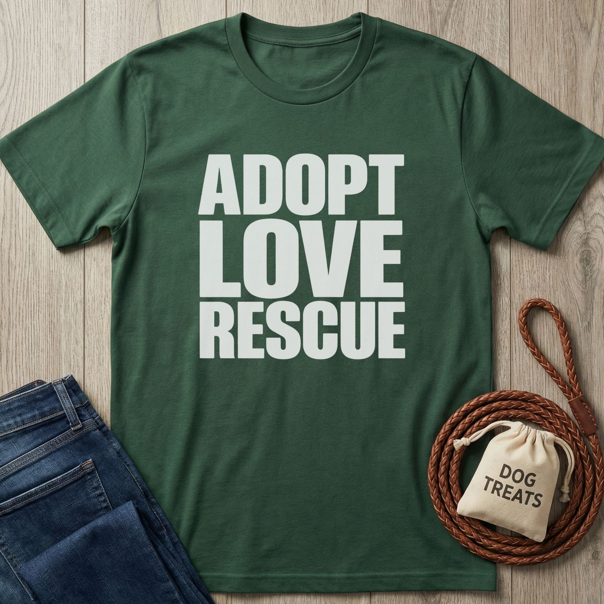 Forest green Gildan Softstyle® t-shirt with "ADOPT LOVE RESCUE" in white, next to jeans and dog treats.
