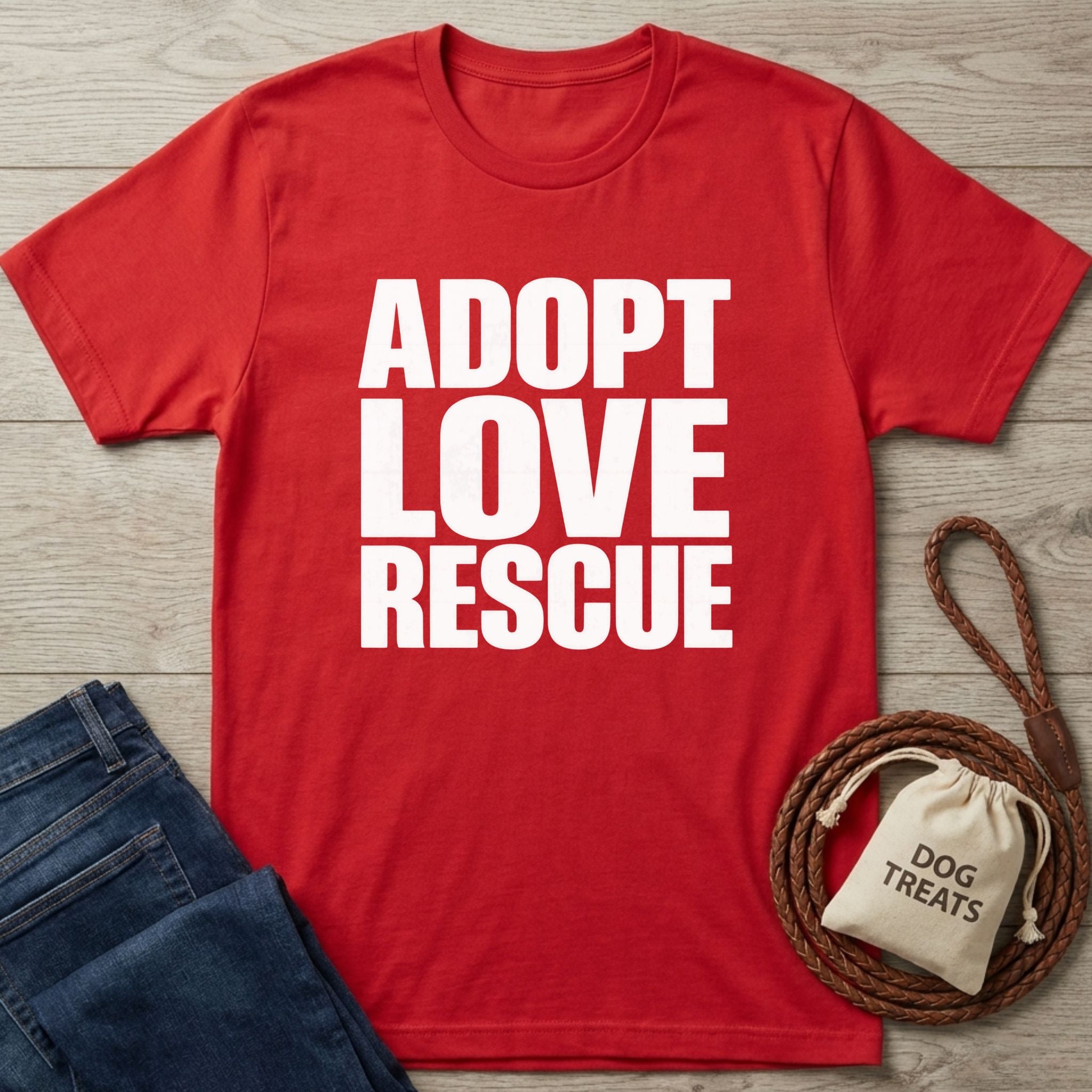 Red Gildan Softstyle® 64000 t-shirt with "ADOPT LOVE RESCUE" in white, next to jeans, dog treats, and a leash.