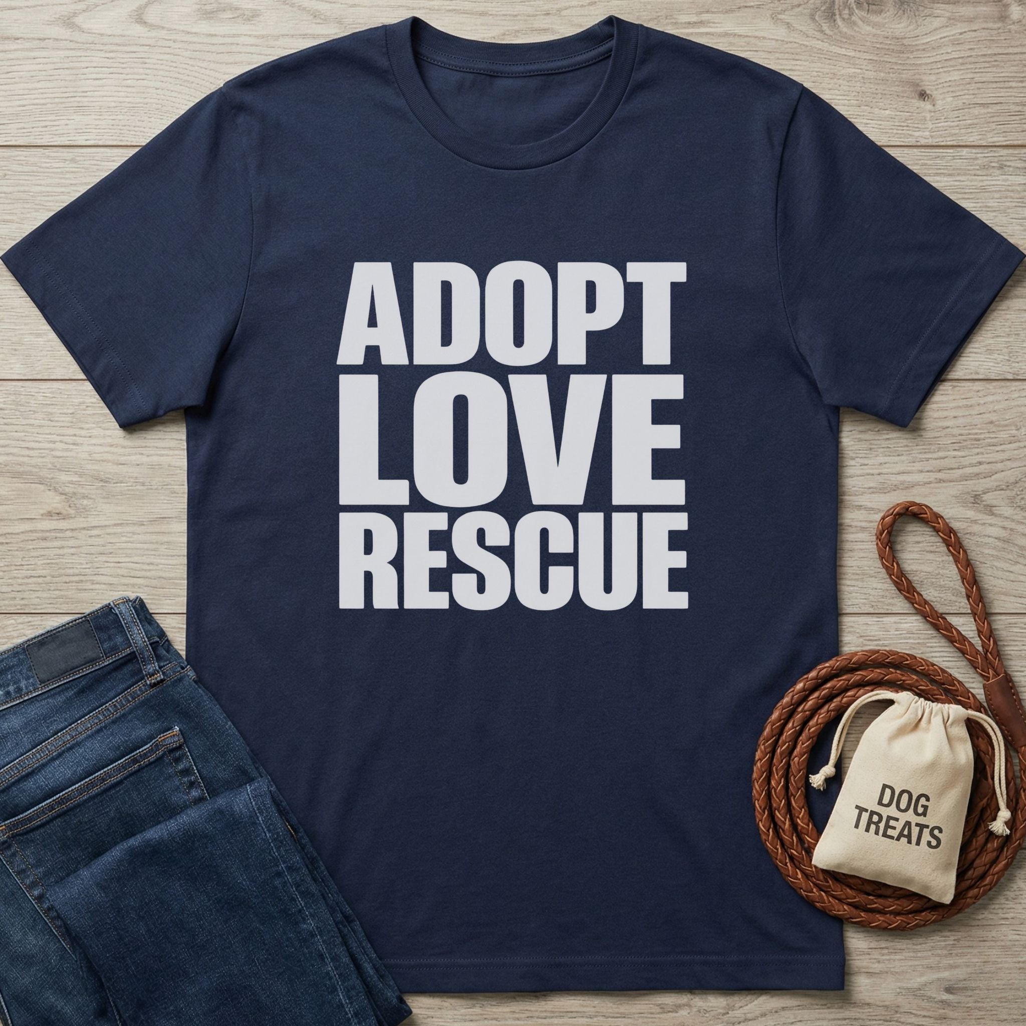 Navy blue Gildan Softstyle® 64000 t-shirt with "ADOPT LOVE RESCUE" in white text, next to jeans and dog treats.