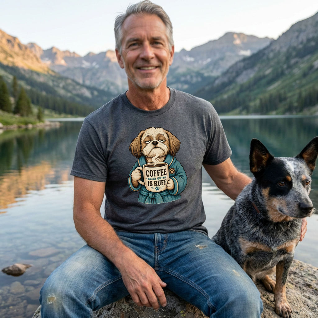 Man wearing a charcoal grey crewneck t-shirt featuring a grumpy dog holding a coffee mug that says Coffee Because Adulting Is Ruff.