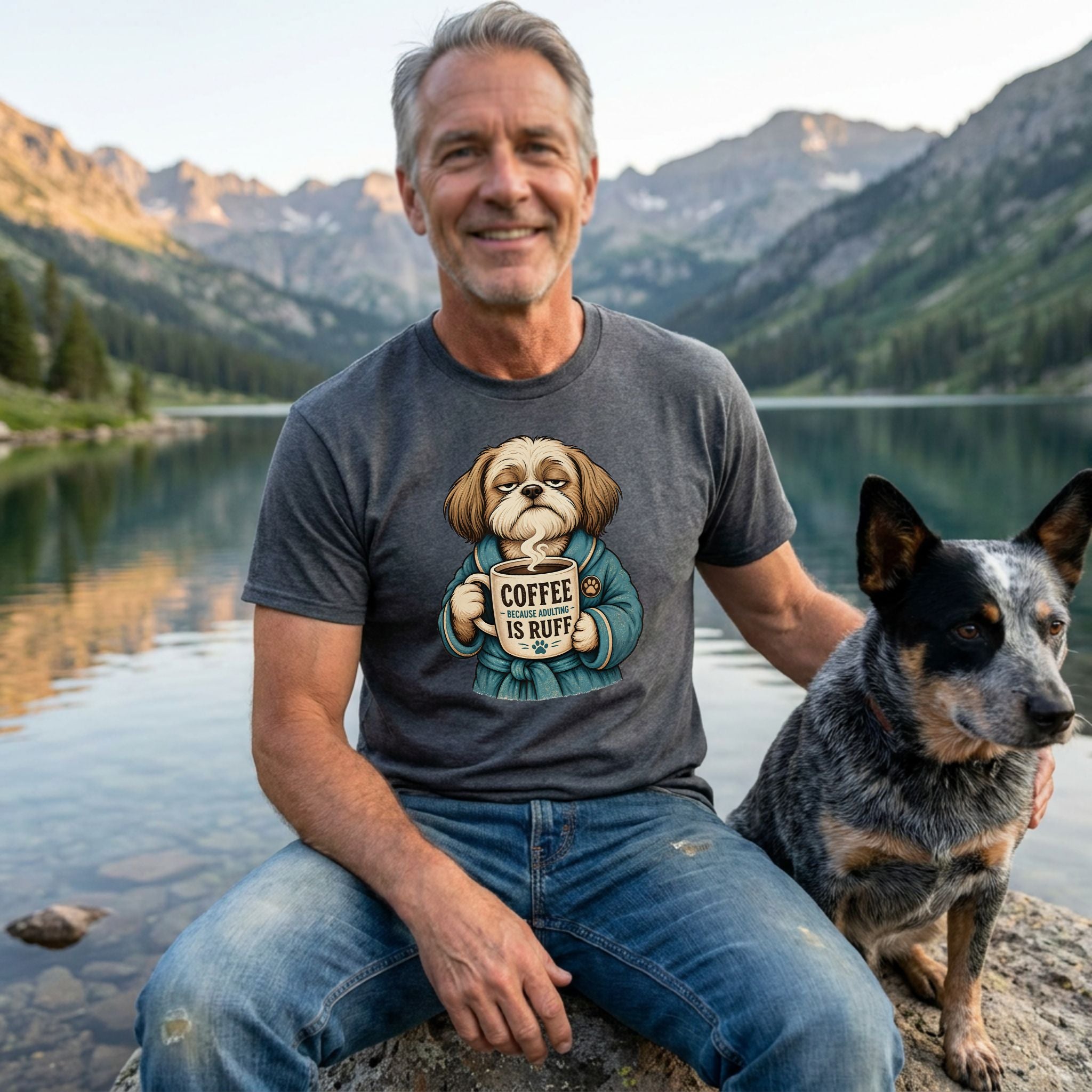 Man wearing a charcoal grey crewneck t-shirt featuring a grumpy dog holding a coffee mug that says Coffee Because Adulting Is Ruff.