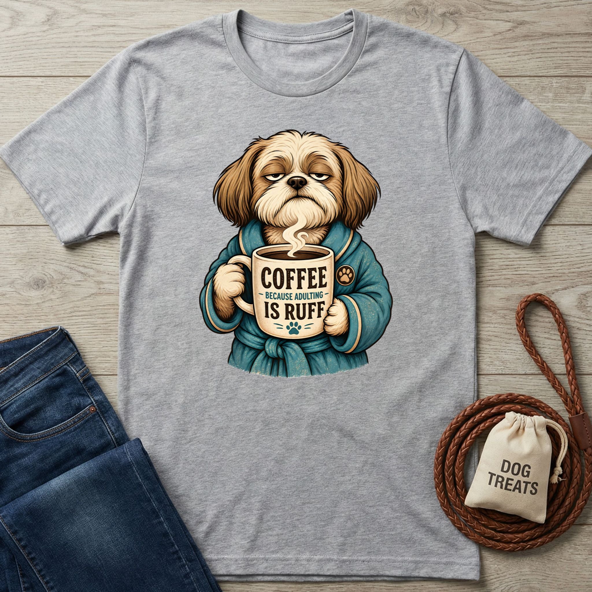 Grey crewneck t-shirt featuring a grumpy dog in a teal robe holding a coffee mug that says Coffee Because Adulting Is Ruff.