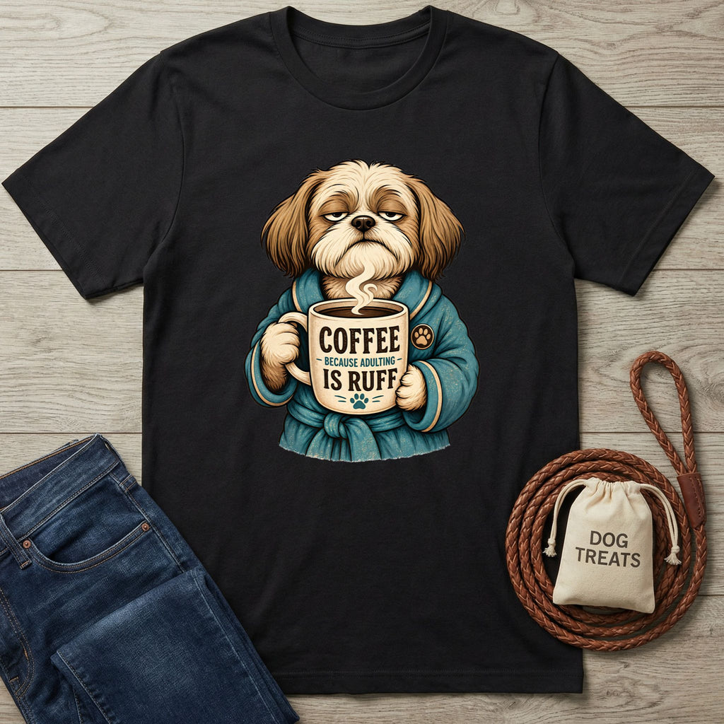Black cotton t-shirt featuring a grumpy dog in a blue robe holding a coffee mug that says Coffee Because Adulting Is Ruff.