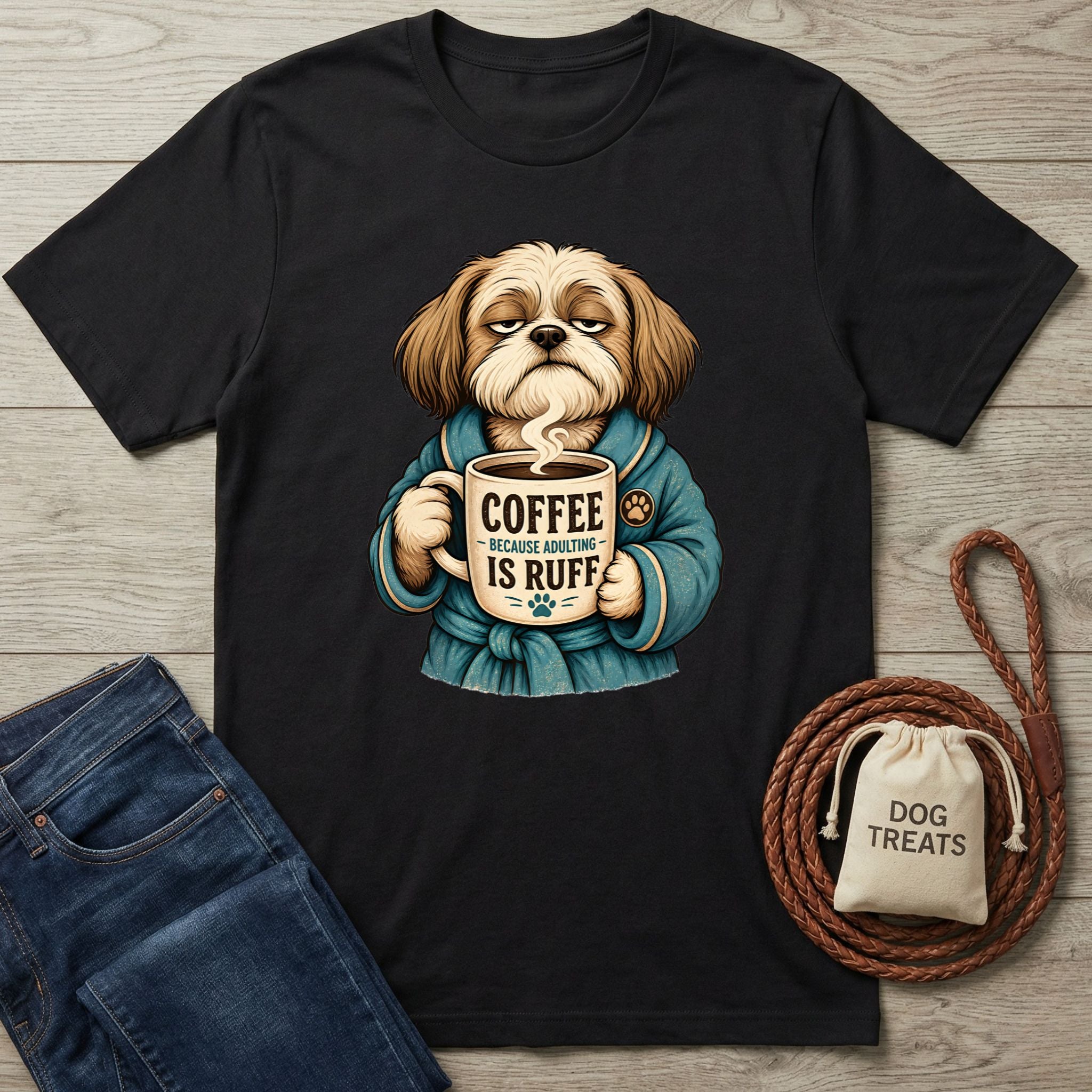 Black cotton t-shirt featuring a grumpy dog in a blue robe holding a coffee mug that says Coffee Because Adulting Is Ruff.
