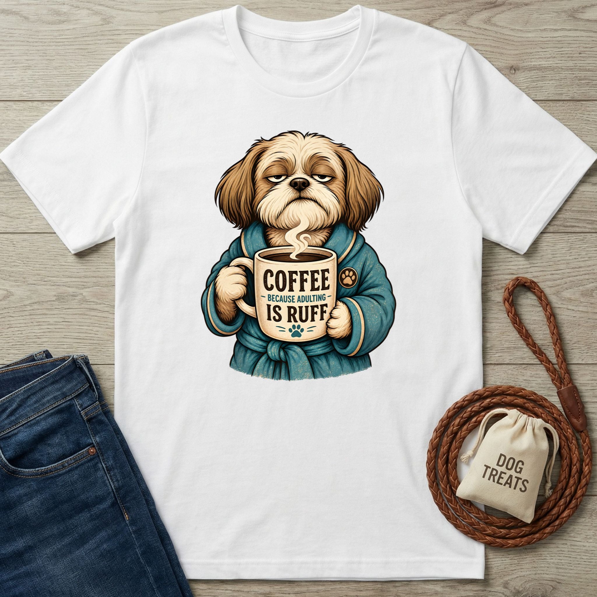 White cotton t-shirt featuring a grumpy dog in a blue robe holding a coffee mug that says Coffee Because Adulting Is Ruff.