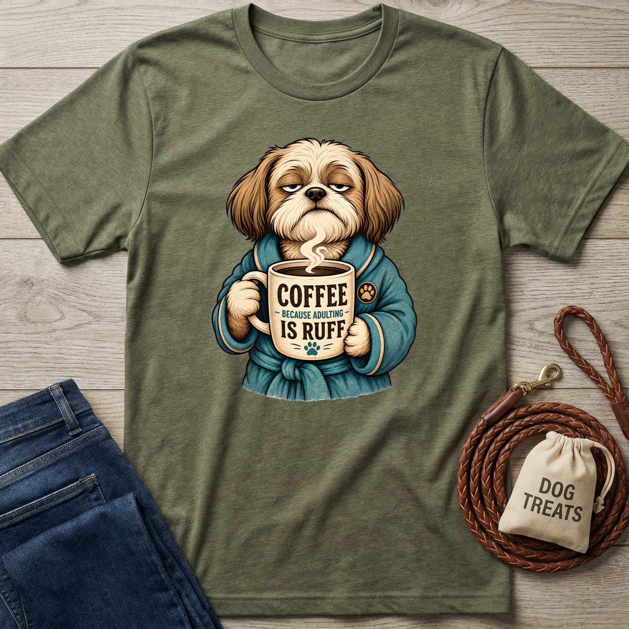 Olive green crewneck t-shirt featuring a grumpy dog in a blue robe holding a coffee mug that says Coffee Because Adulting Is Ruff.