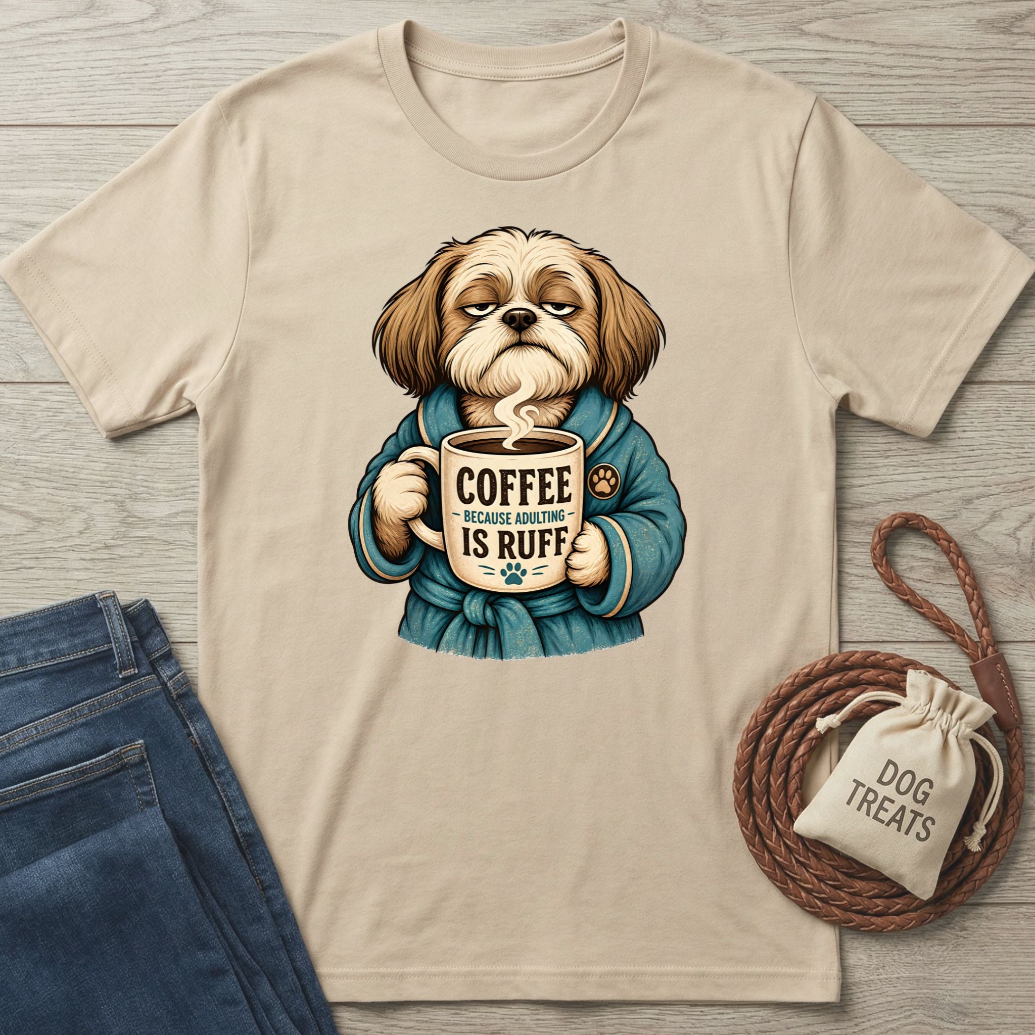 Beige cotton t-shirt featuring a grumpy dog in a blue robe holding a coffee mug that says Coffee Because Adulting Is Ruff.