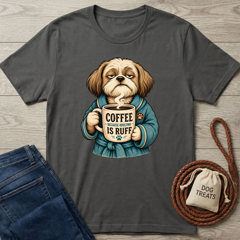 Charcoal grey cotton t-shirt featuring a grumpy dog in a blue robe holding a coffee mug that says Coffee Because Adulting Is Ruff.