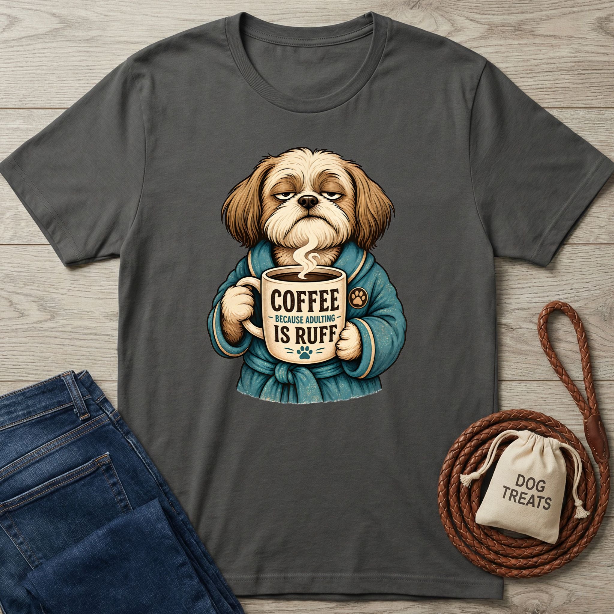Charcoal grey cotton t-shirt featuring a grumpy dog in a blue robe holding a coffee mug that says Coffee Because Adulting Is Ruff.