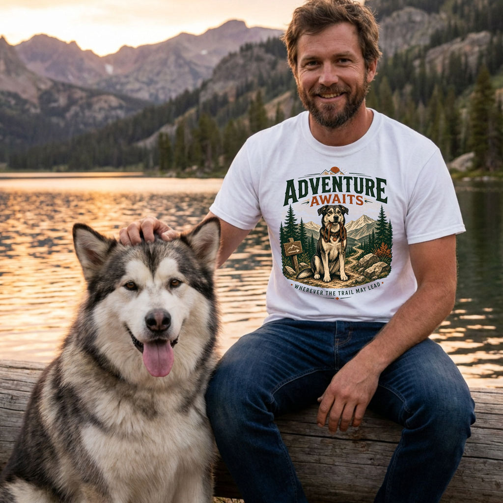Man wearing a white Adventure Awaits graphic t-shirt featuring a dog illustration while sitting on a log with his dog.