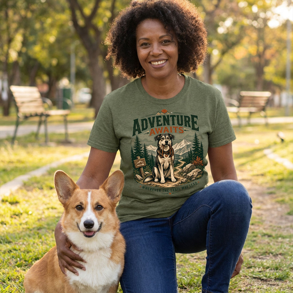 Woman wearing an olive green Adventure Awaits graphic t-shirt featuring a dog illustration while kneeling with a corgi.