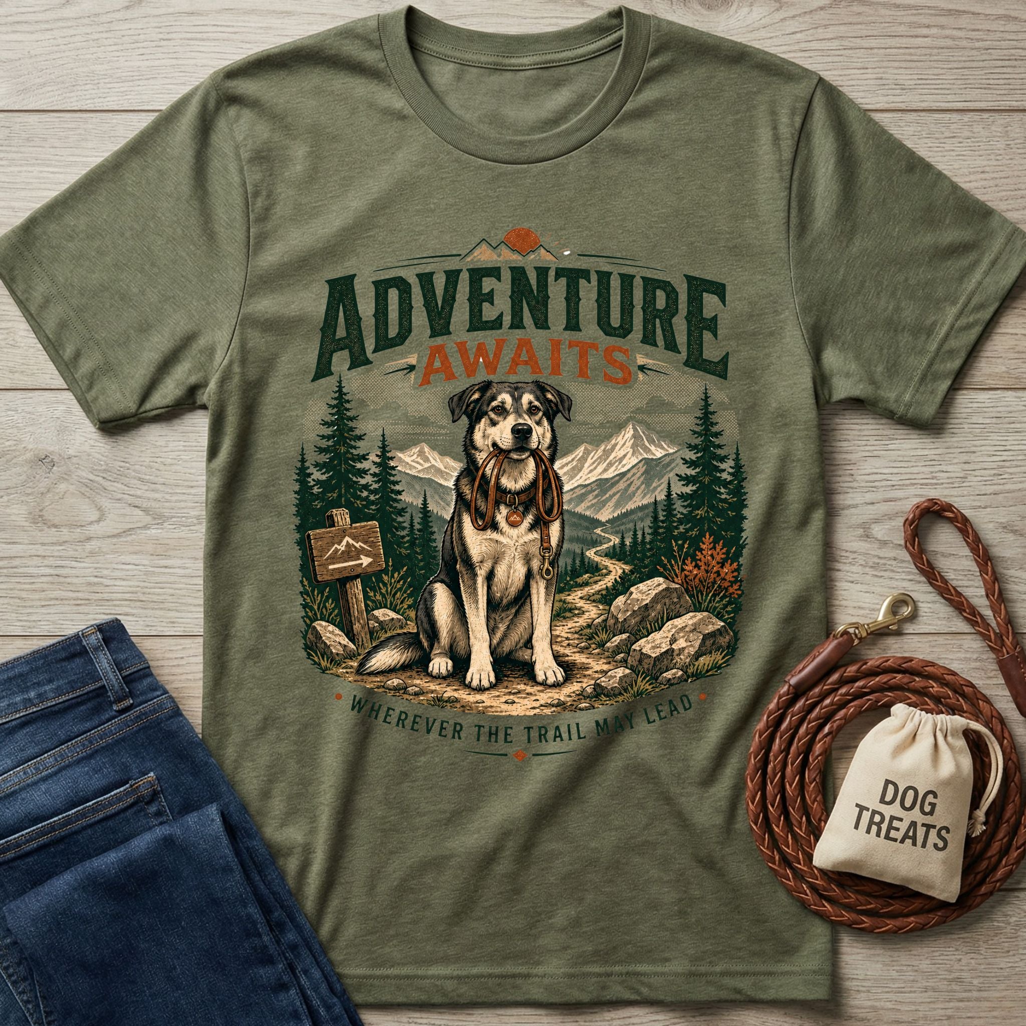 Olive green crewneck t-shirt featuring a graphic of a dog holding a leash on a mountain trail with Adventure Awaits text.