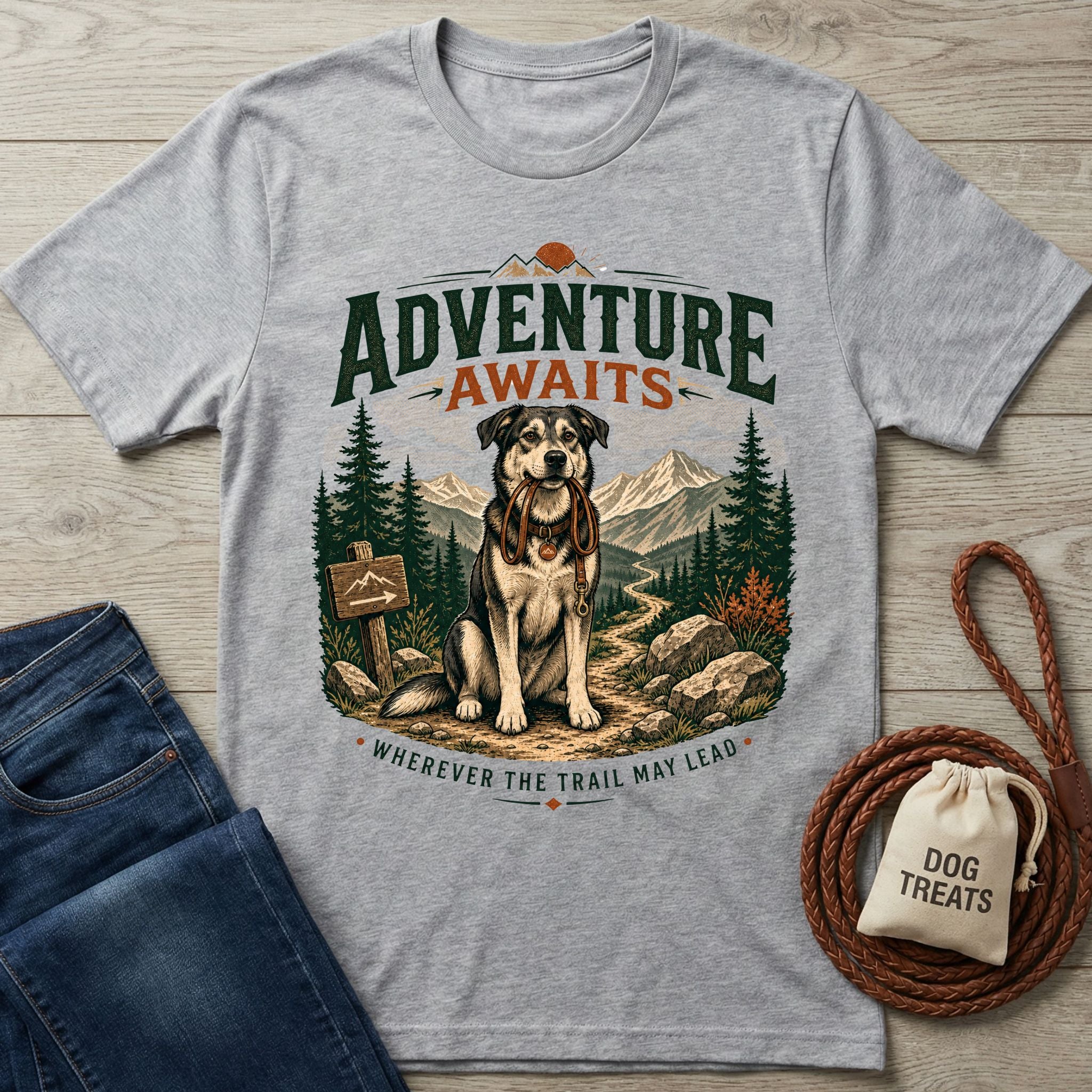Heather grey cotton t-shirt featuring a dog holding a leash with mountain hiking graphic and Adventure Awaits text.