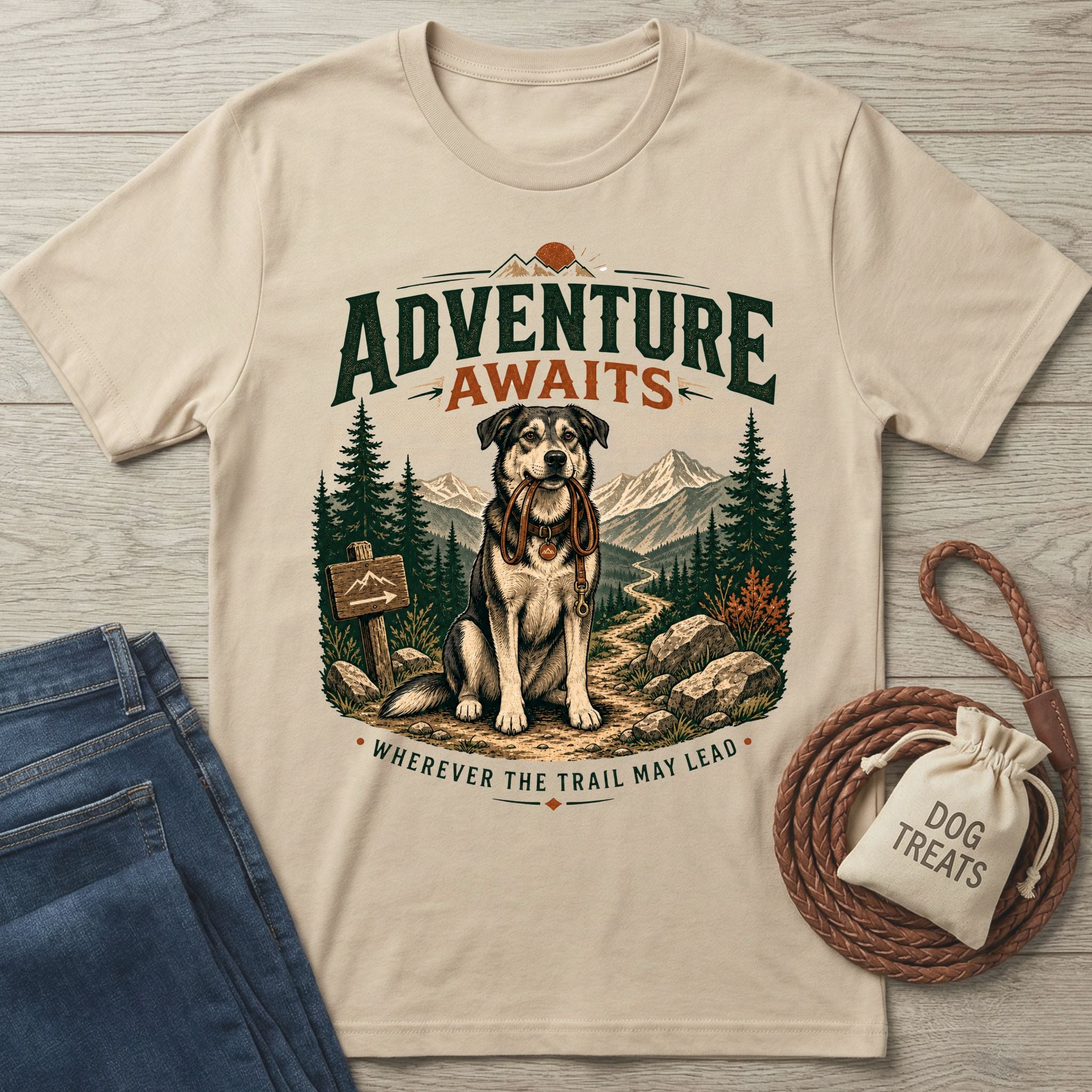 Beige cotton t-shirt featuring a graphic of a dog holding a leash on a mountain trail with Adventure Awaits text.