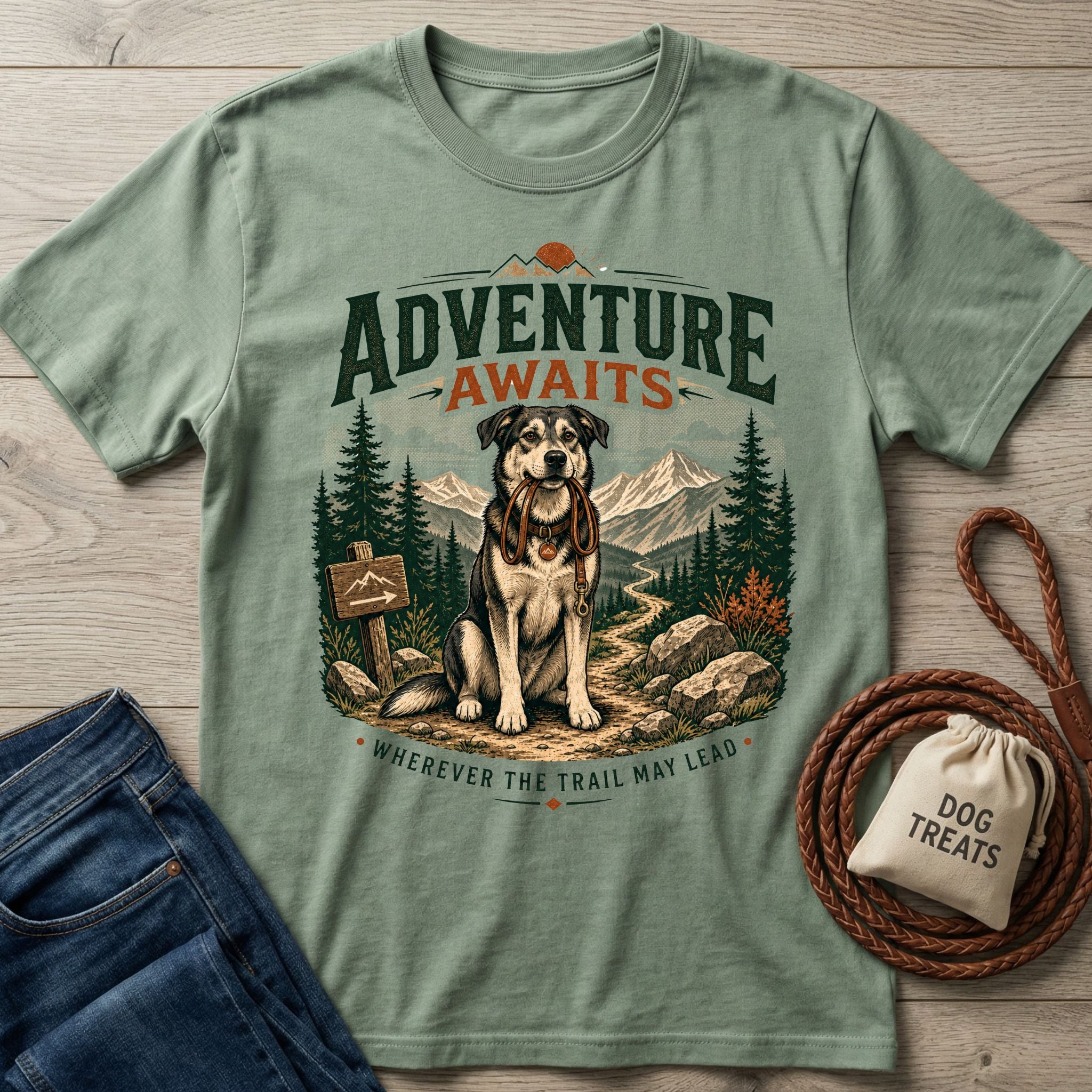 Sage green crewneck t-shirt featuring a graphic of a dog holding a leash on a mountain trail with Adventure Awaits text.