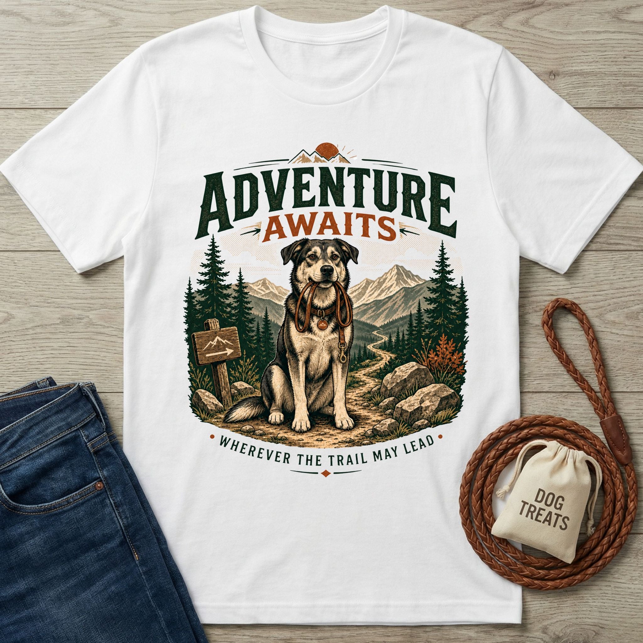 White crewneck t-shirt featuring a graphic of a dog holding a leash on a mountain trail with Adventure Awaits text.