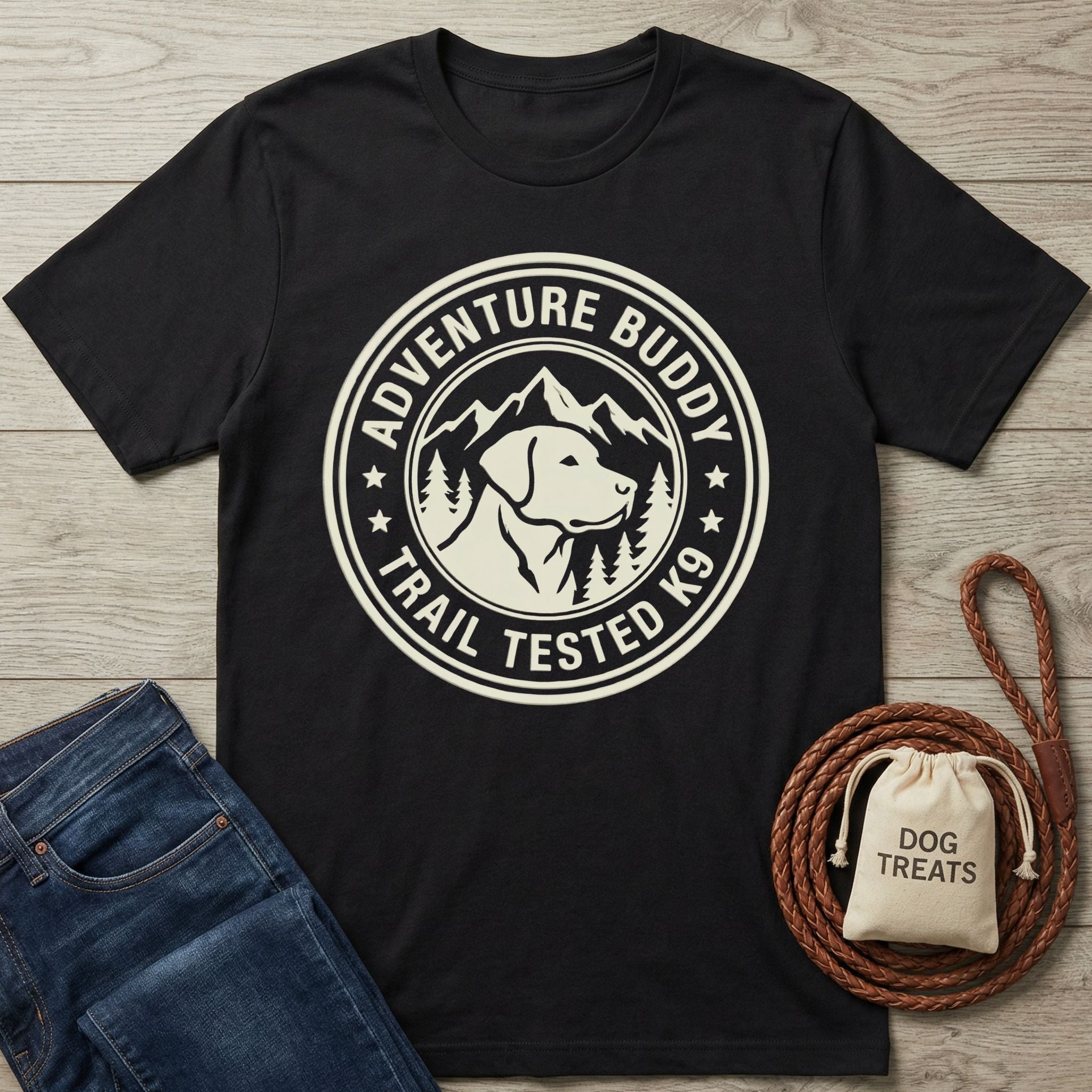 Black Gildan Softstyle® t-shirt with "Adventure Buddy Trail Tested K9" dog graphic, jeans, and dog treats.