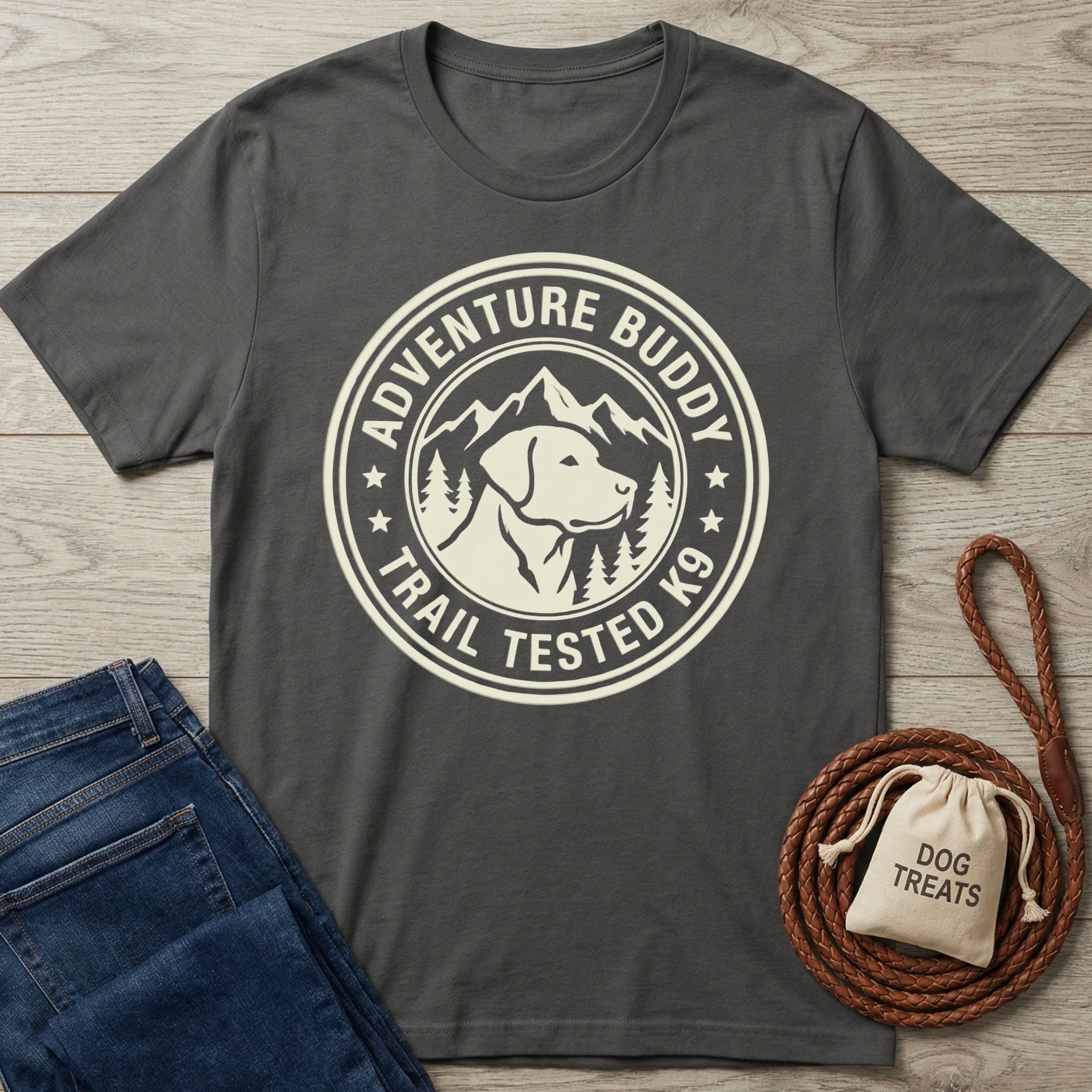 Charcoal gray Gildan Softstyle t-shirt with "Adventure Buddy Trail Tested K9" dog and mountain graphic.