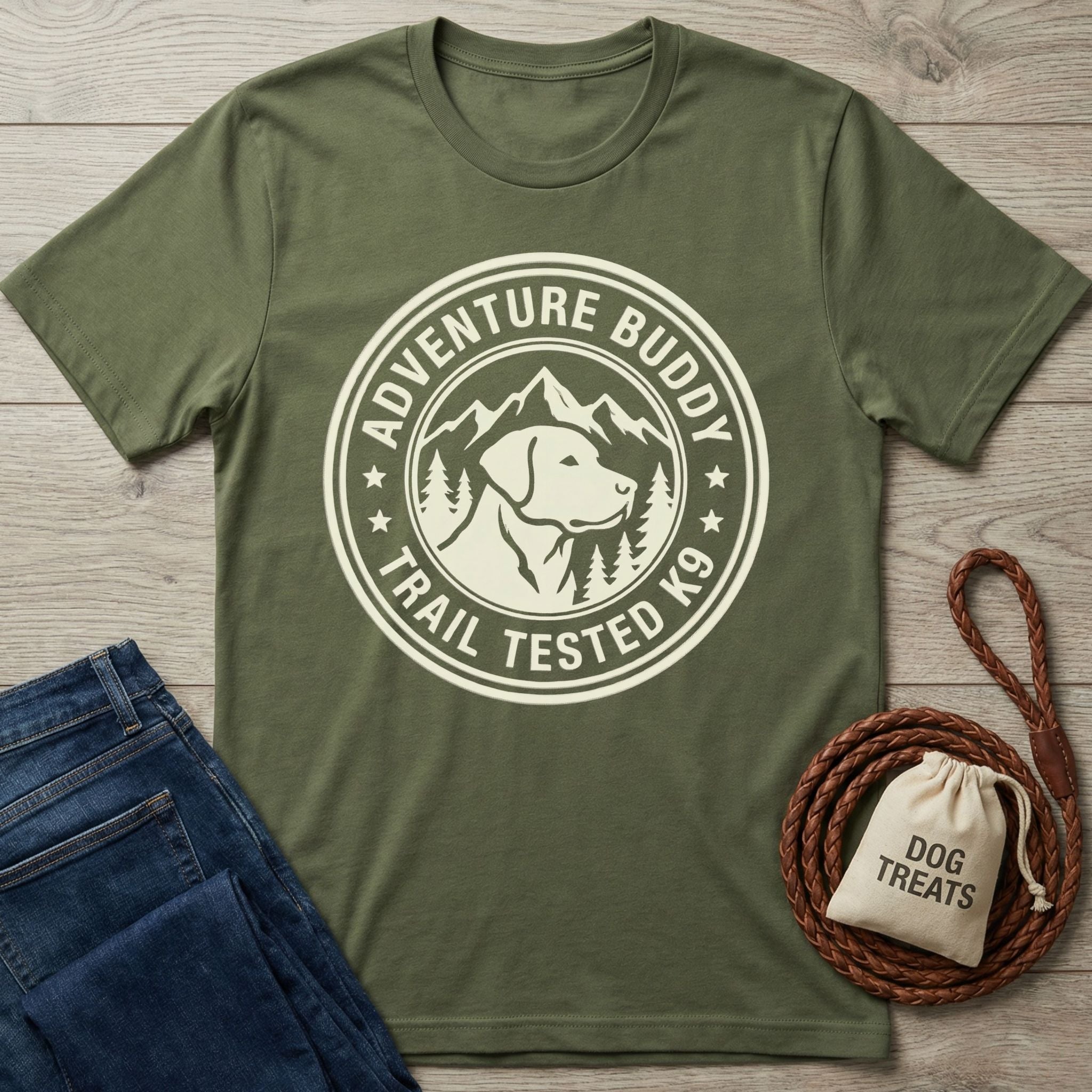 Olive green "Adventure Buddy Trail Tested K9" t-shirt with a dog graphic, next to jeans and a dog leash.