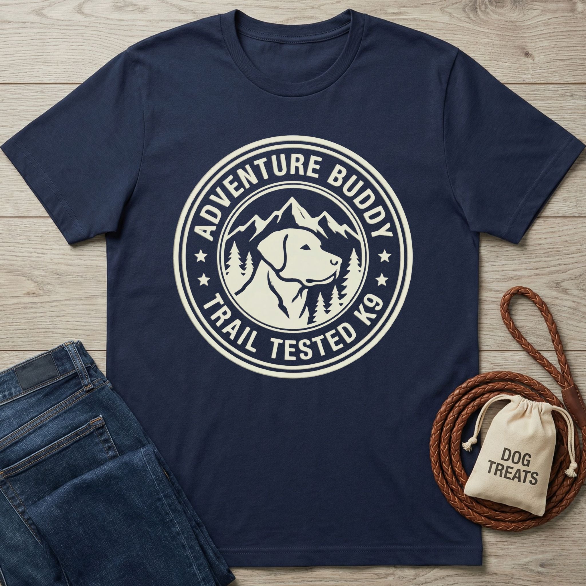 Navy Gildan Softstyle® t-shirt with "Adventure Buddy Trail Tested K9" dog graphic, jeans, and dog treats.
