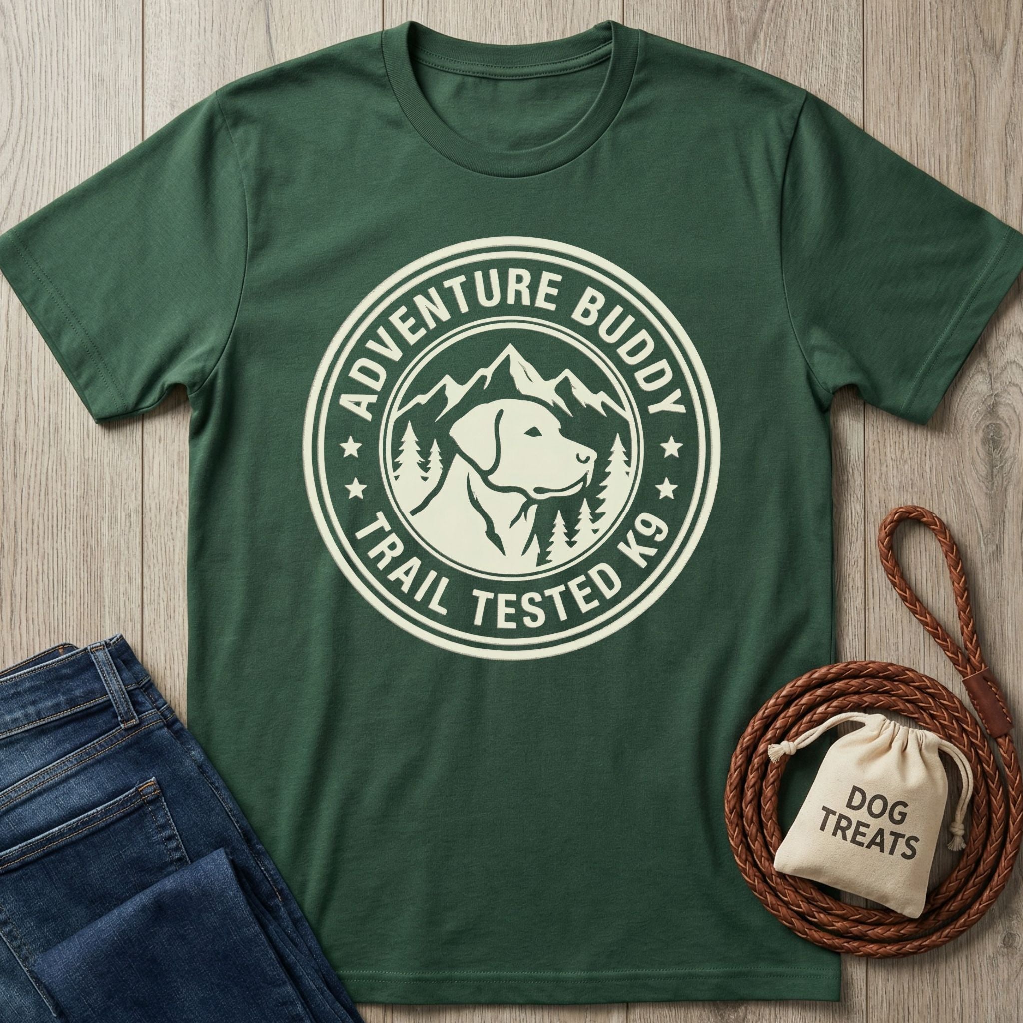 Forest green Gildan Softstyle® t-shirt with "Adventure Buddy Trail Tested K9" dog graphic.