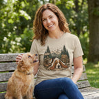 Woman wearing a beige crewneck t-shirt featuring a graphic of a sleeping Basset Hound in a mountain forest setting.